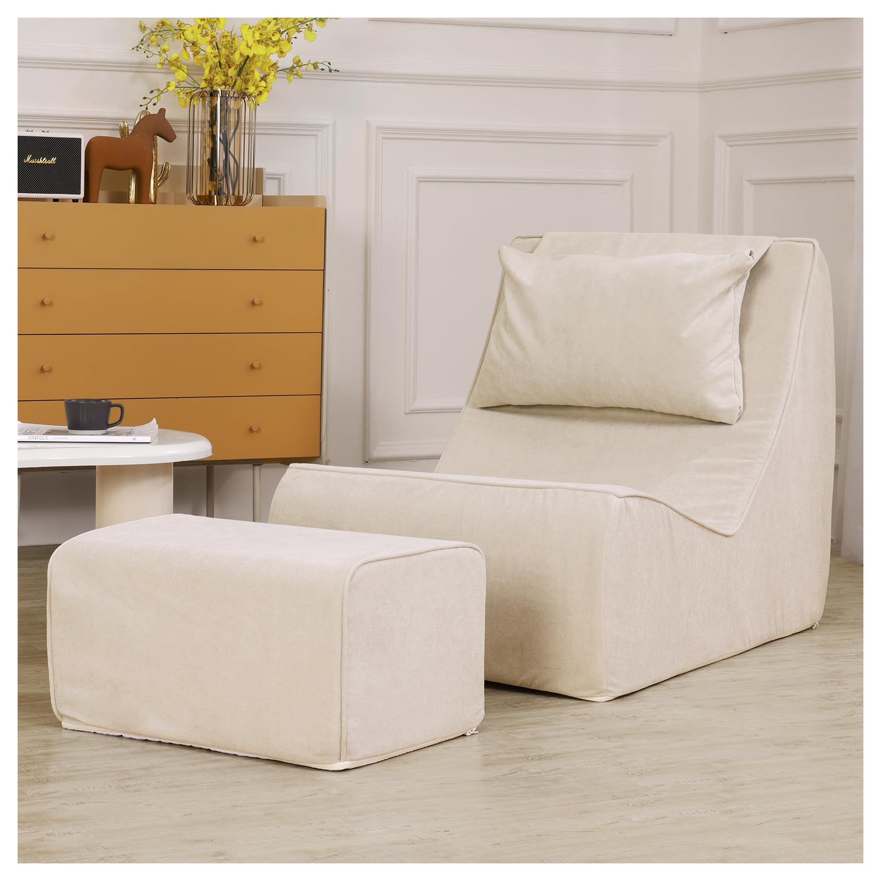 Extra Large Bean Bag Chair for Adults - Oversized Chaise Lounge with Neck Pillow & Ottoman, All-in-One Memory Foam Design, Comfortable Floor Seating for Reading, Gaming, Napping and Movie Nights (Khaki) | Perfect for Living Rooms, Bedrooms, Dorms and Home Theater Setups