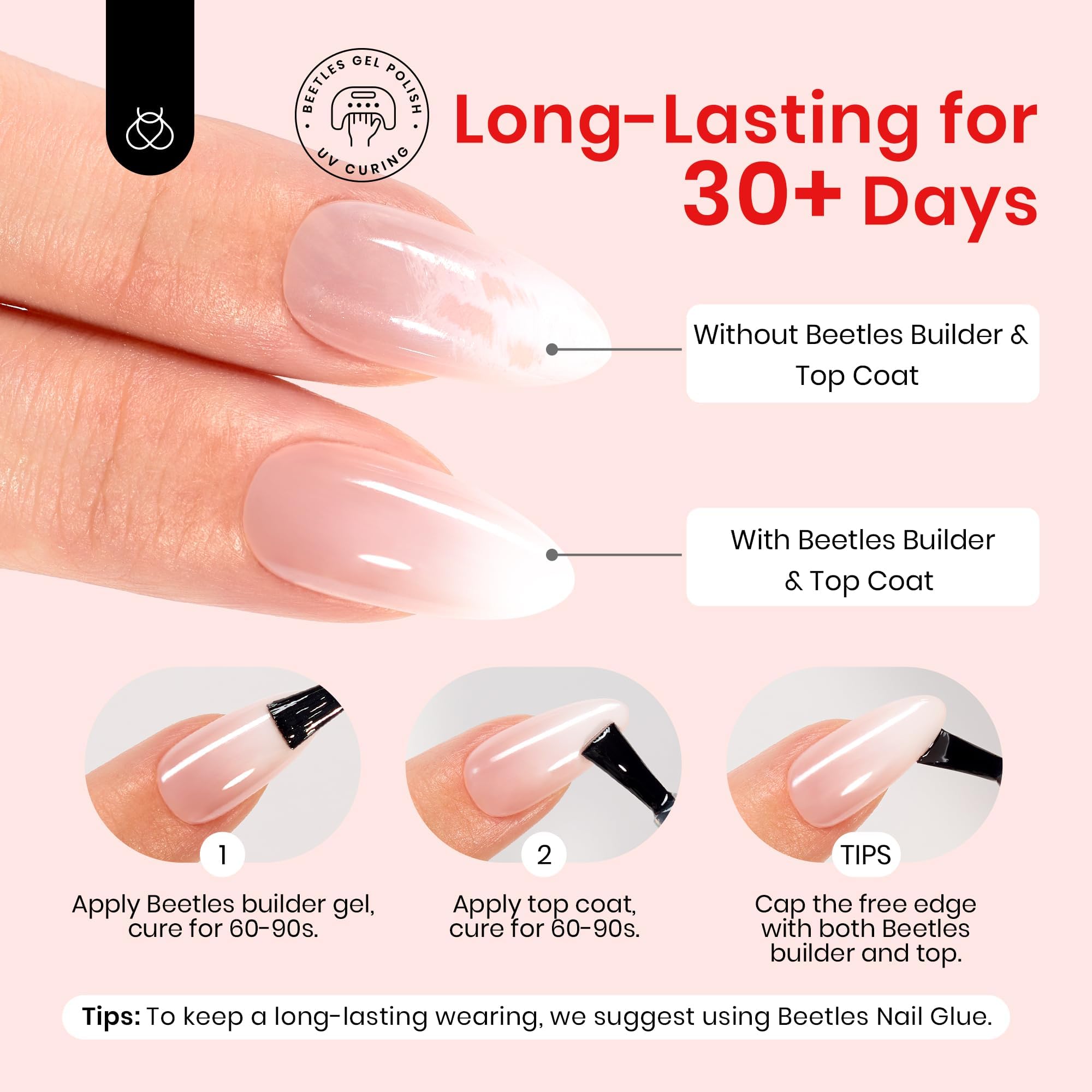Beetles Red Press On Nails Almond Shape - 15 Sizes & 7 Styles Glazed Red Fake Nails with French Tips - Medium Almond Nail Extensions with Pre-Applied Primer - Perfect for Parties, Weddings, and Daily Wear