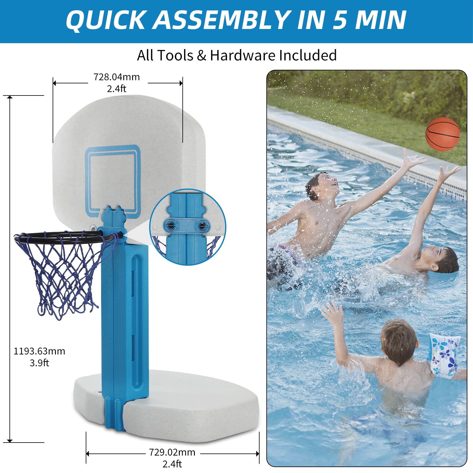 Blue Bay 2-in-1 Pool Basketball and Volleyball Set - Adjustable Inground Swimming Pool Hoop with Net for Family Fun, Outdoor Water Games, and Backyard Pool Party Activities