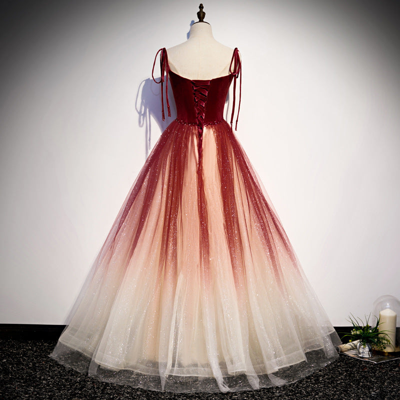 Elegant Burgundy Ombre Tulle Prom Dress - Long Formal Evening Gown for Women - Perfect for Homecoming, Quinceañera & Black Tie Events