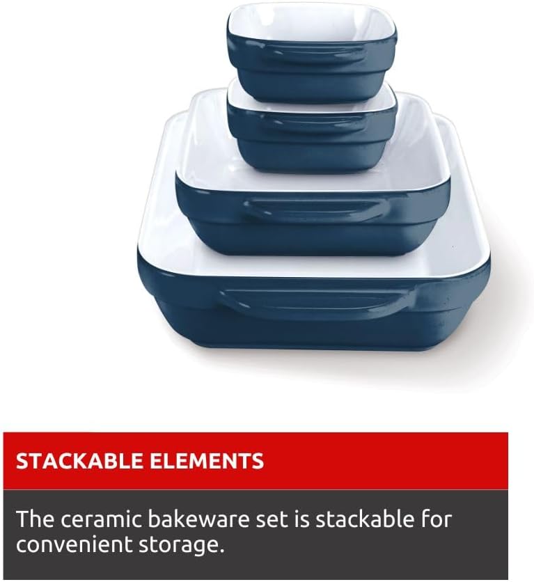 LAGOSTINA L913411404B Blue Ceramic 4-Piece Bakeware Set - Oven Safe Baking Dishes for Casseroles, Pies & Desserts - Perfect for Home Baking & Holiday Cooking