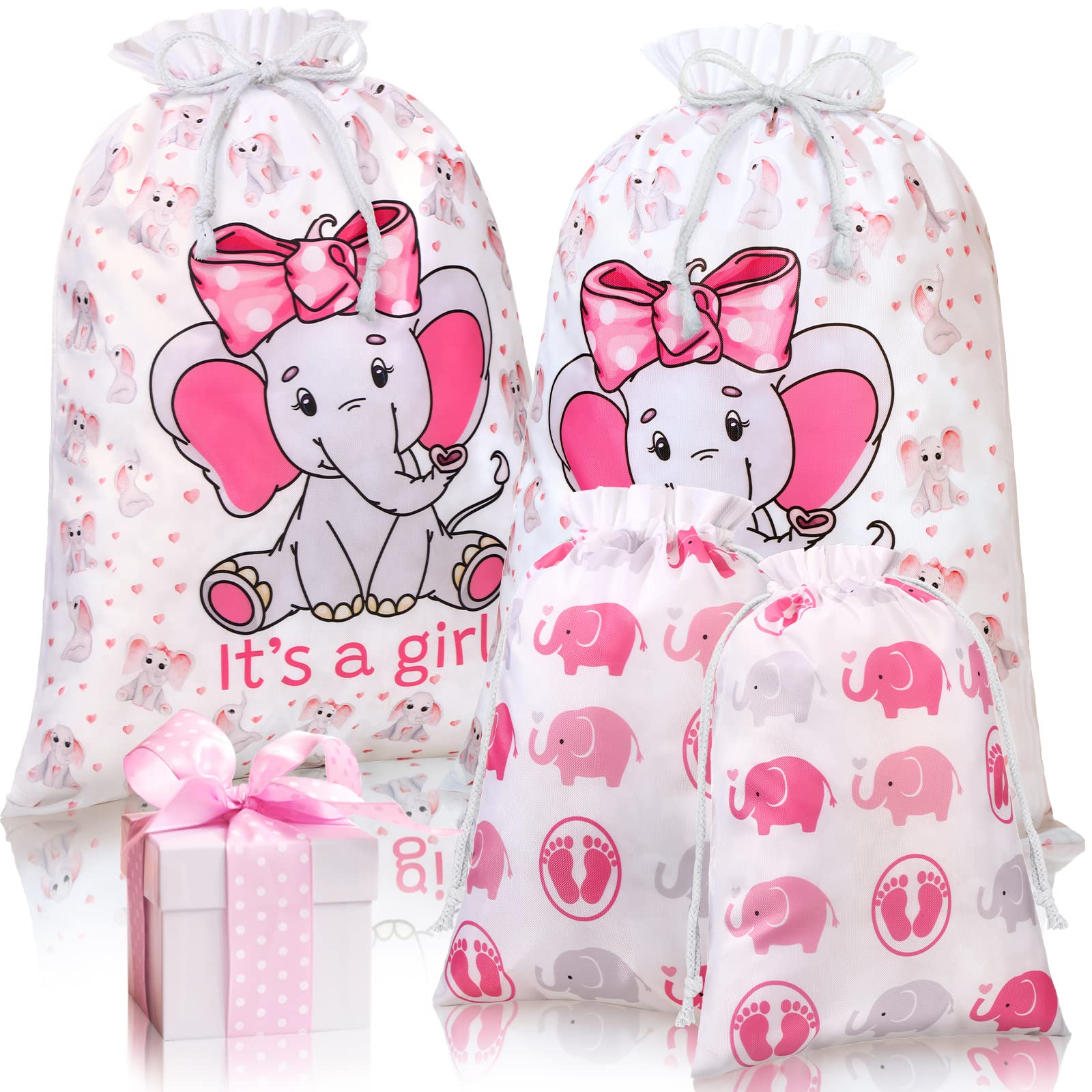 4 Pcs Pink Elephant Drawstring Fabric Gift Bags for Baby Showers, Gender Reveal & Birthday Parties - Perfect for Baby Girl Shower Favors, Treat Wraps & Party Decorations