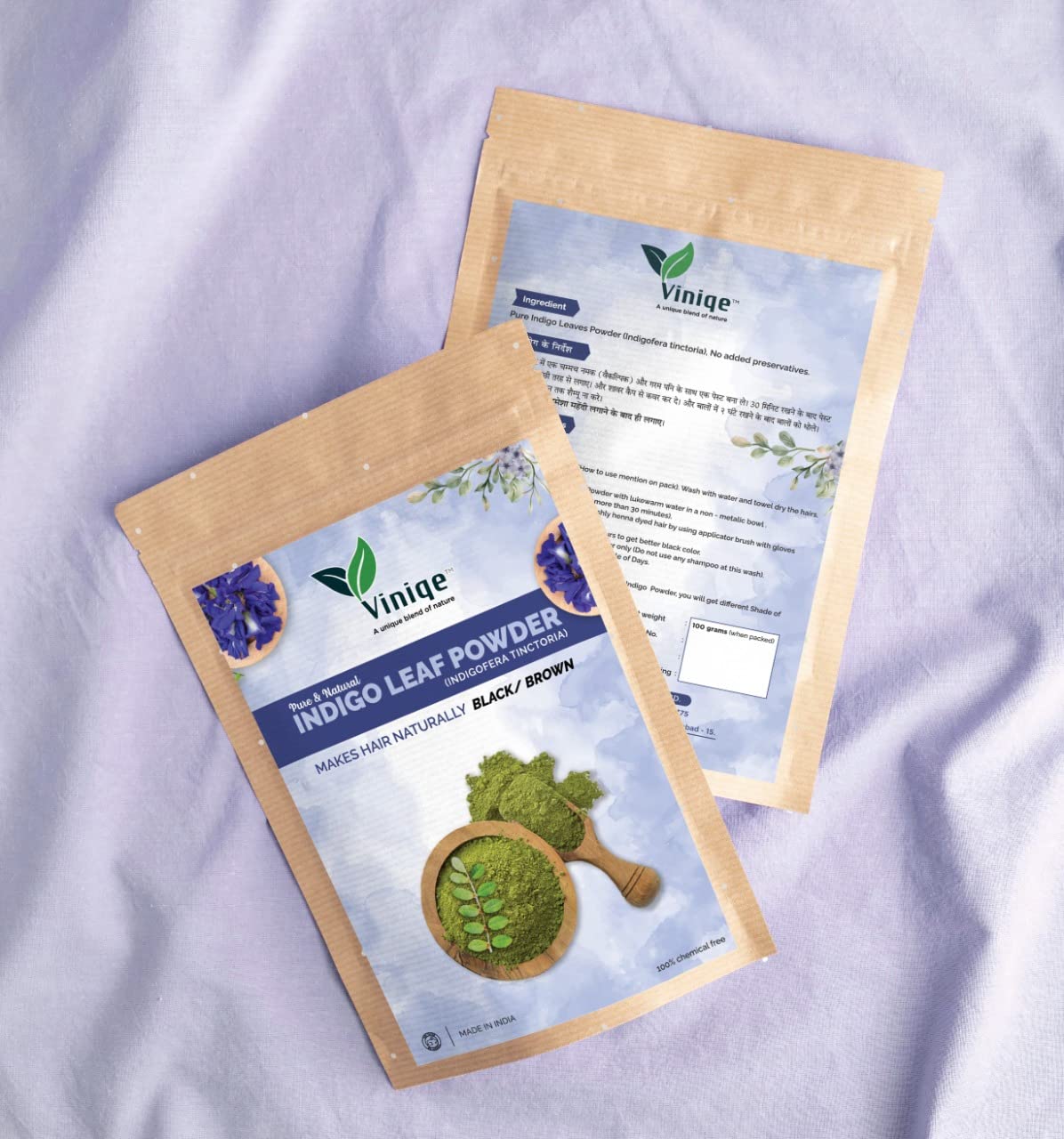 Viniqe Indigo Leaf Powder - 100% Pure Natural Hair Dye for Black & Brown Hair | Vegan, Cruelty-Free, No Preservatives | Promotes Hair Growth & Care | Safe for Men & Women (100g) | Perfect for DIY Hair Coloring, Beard Dye & Natural Hair Treatment at Home