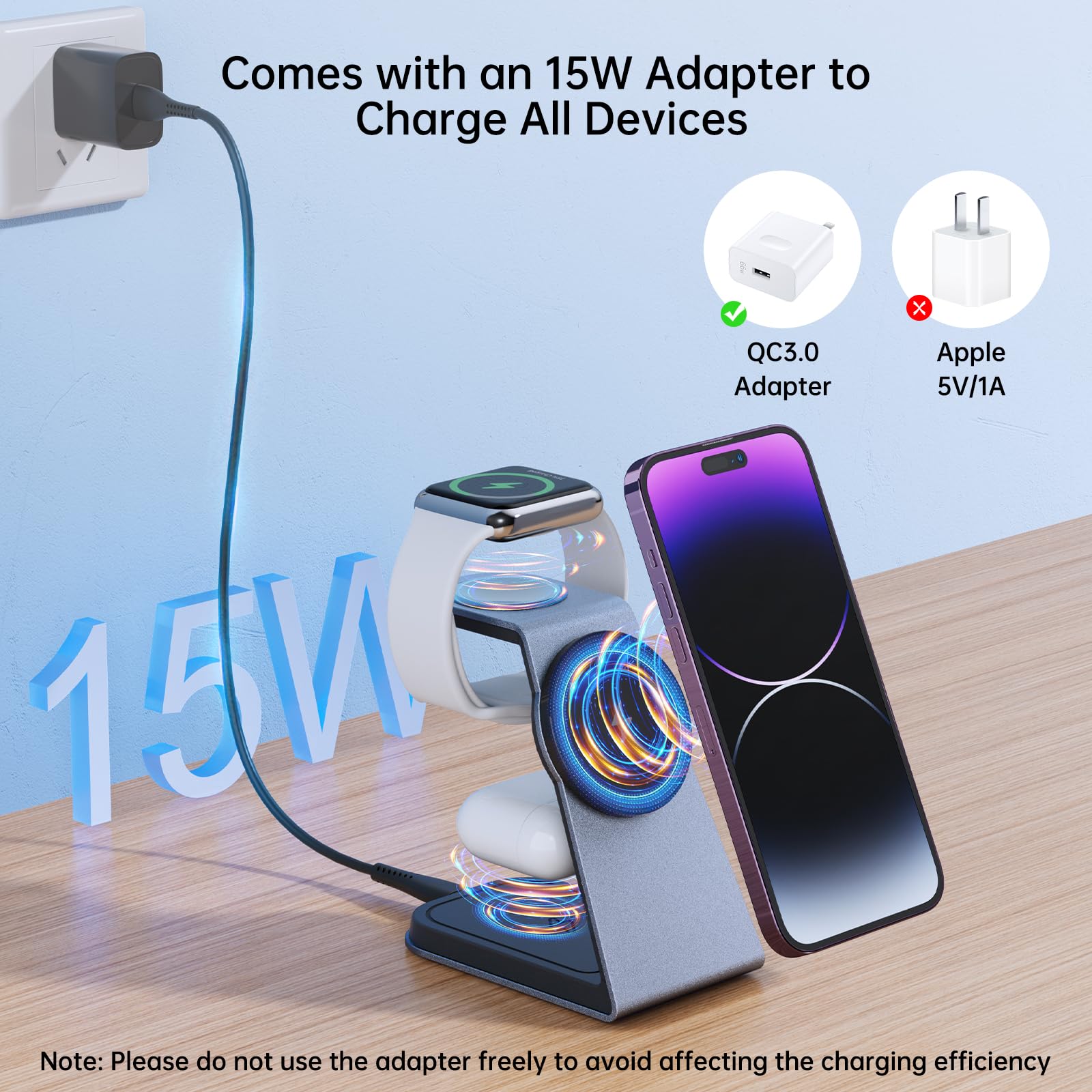 3-in-1 Magnetic Wireless Charging Station for iPhone 15/14/13/12, Apple Watch S2-S9 & AirPods 3/2/Pro - Fast Qi-Certified Charger with Strong Magnets (Space Gray) | Perfect for Bedside, Office Desk & Travel Charging