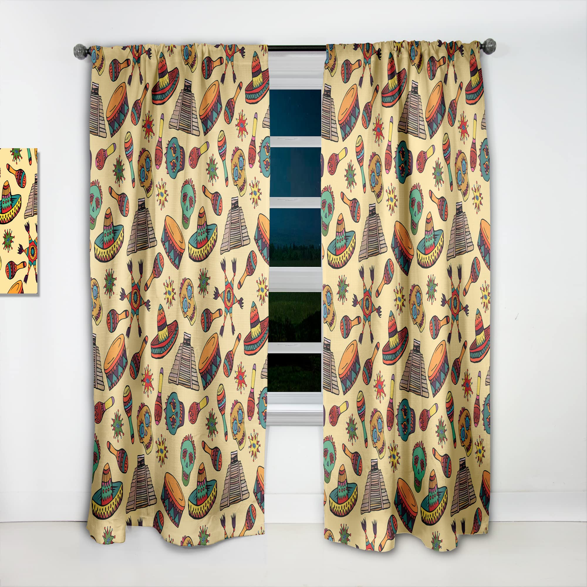 DesignQ Mexican Symbol Pattern Thermal Insulated Curtains - 52x90 Single Panel for Bedroom & Living Room - Blackout Drapes for Home Decor & Privacy