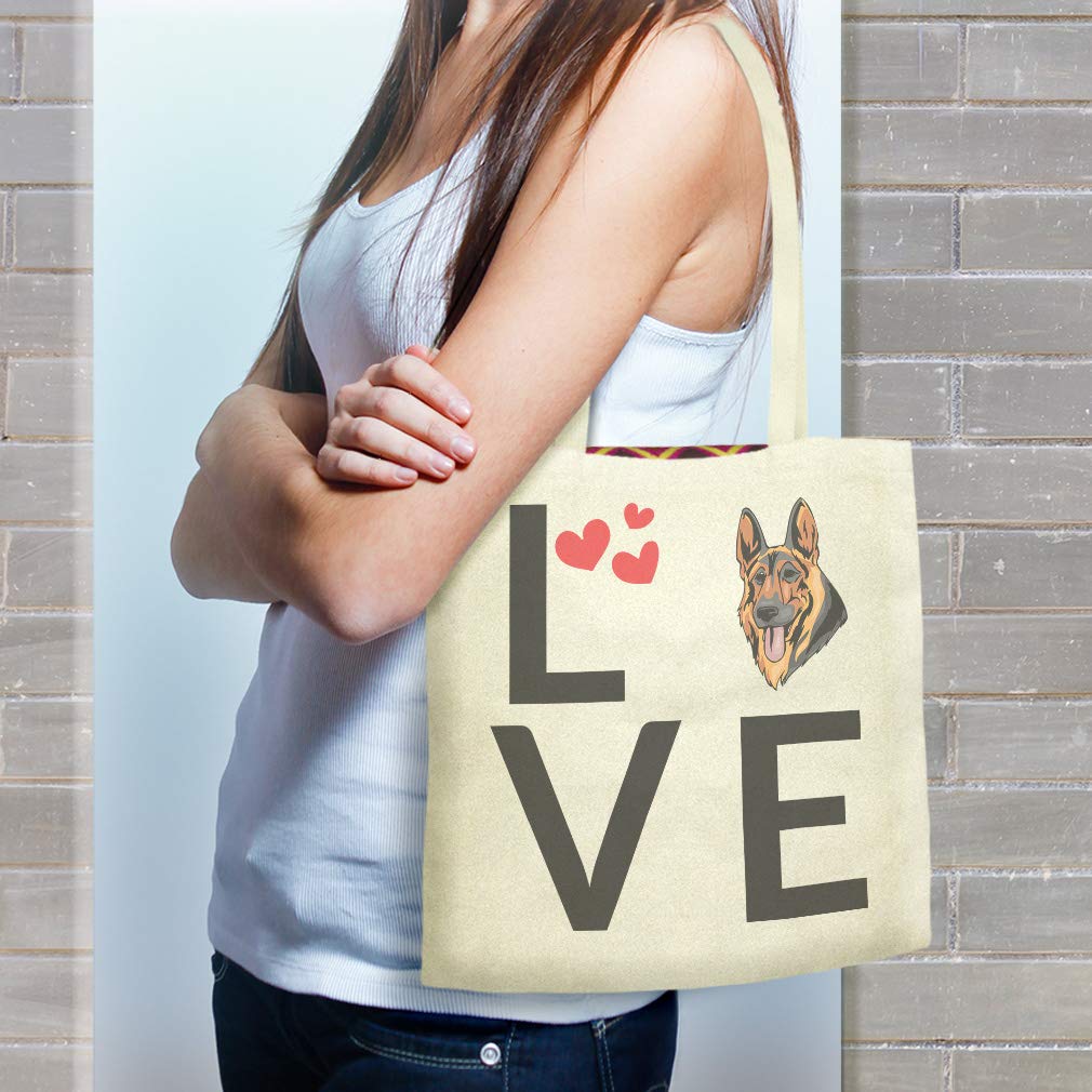 Custom Canvas Tote Bag with German Shepherd Dog & Hearts Print - Reusable Shopping & Beach Bag for Women - Perfect for Groceries, Travel & Daily Use