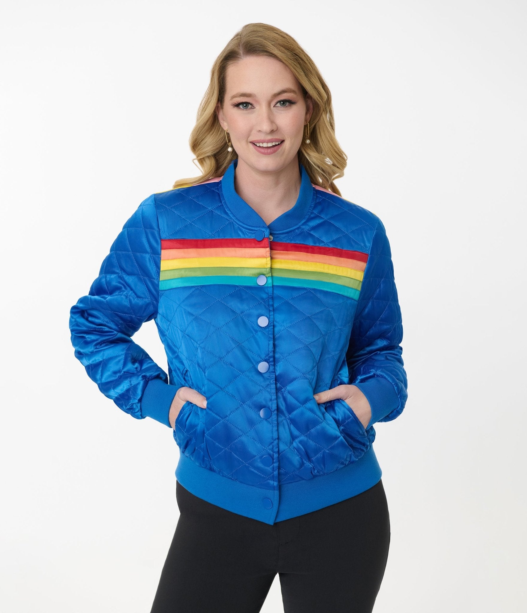 Vintage Blue & Rainbow Quilted Varsity Jacket - Retro Baseball Letterman Jacket for Women - Perfect for Casual Outfits, College Events & 90s Fashion Style