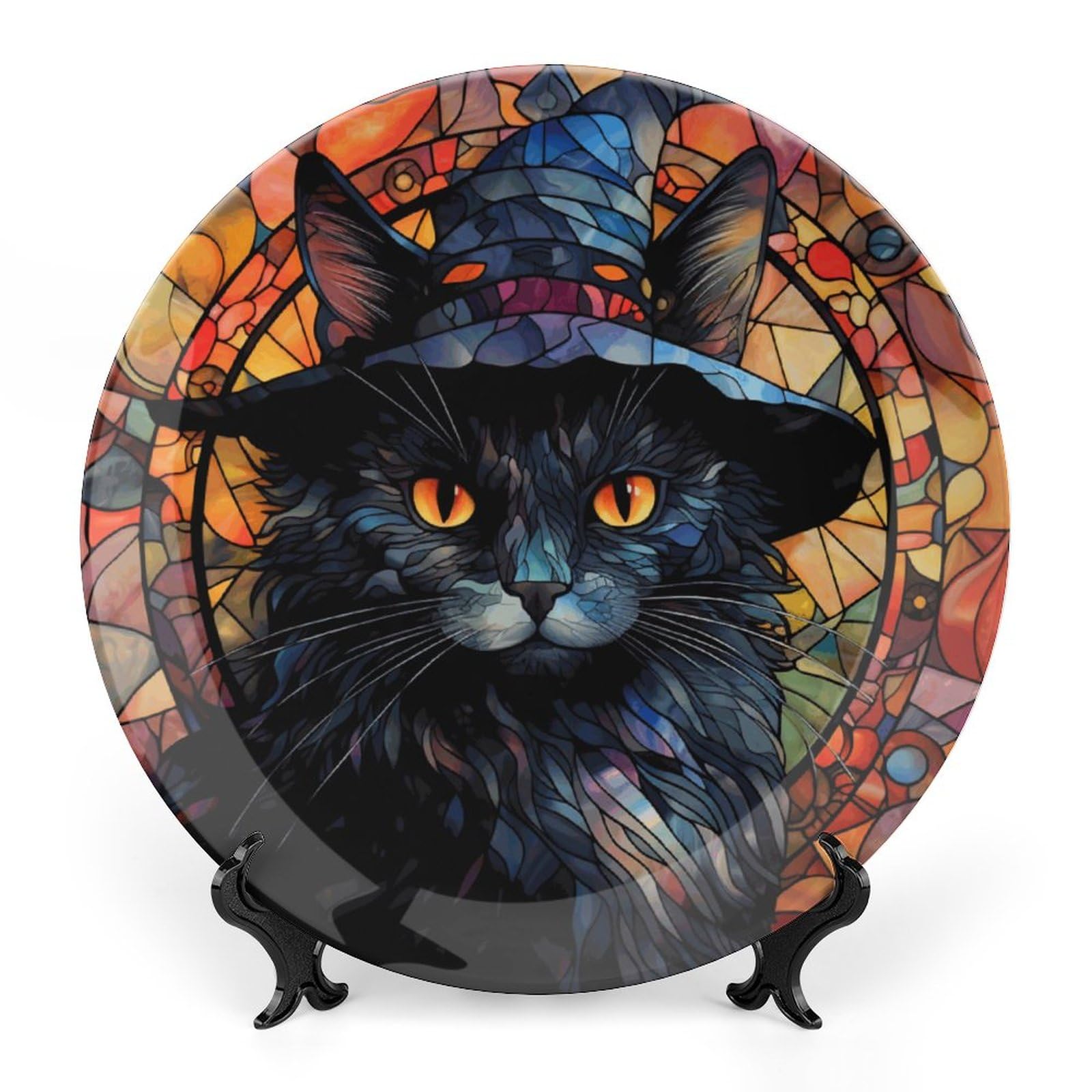 Halloween Decorative Wall Hanging Plates - Black Cat Witch Hat Ceramic Plate with Stained Glass Print & Display Stand, 10 Inch Farmhouse Round Tray for Kitchen Cabinets - Perfect for Spooky Home Decor, Halloween Party Table Settings & Gothic Interior Design