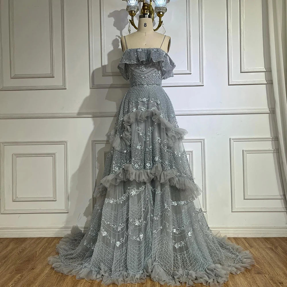 Luxury Dubai Arabic Gray A-Line Off-The-Shoulder Beaded Saudi Evening Gown LA72762 for Formal Events, Weddings & Red Carpet Occasions