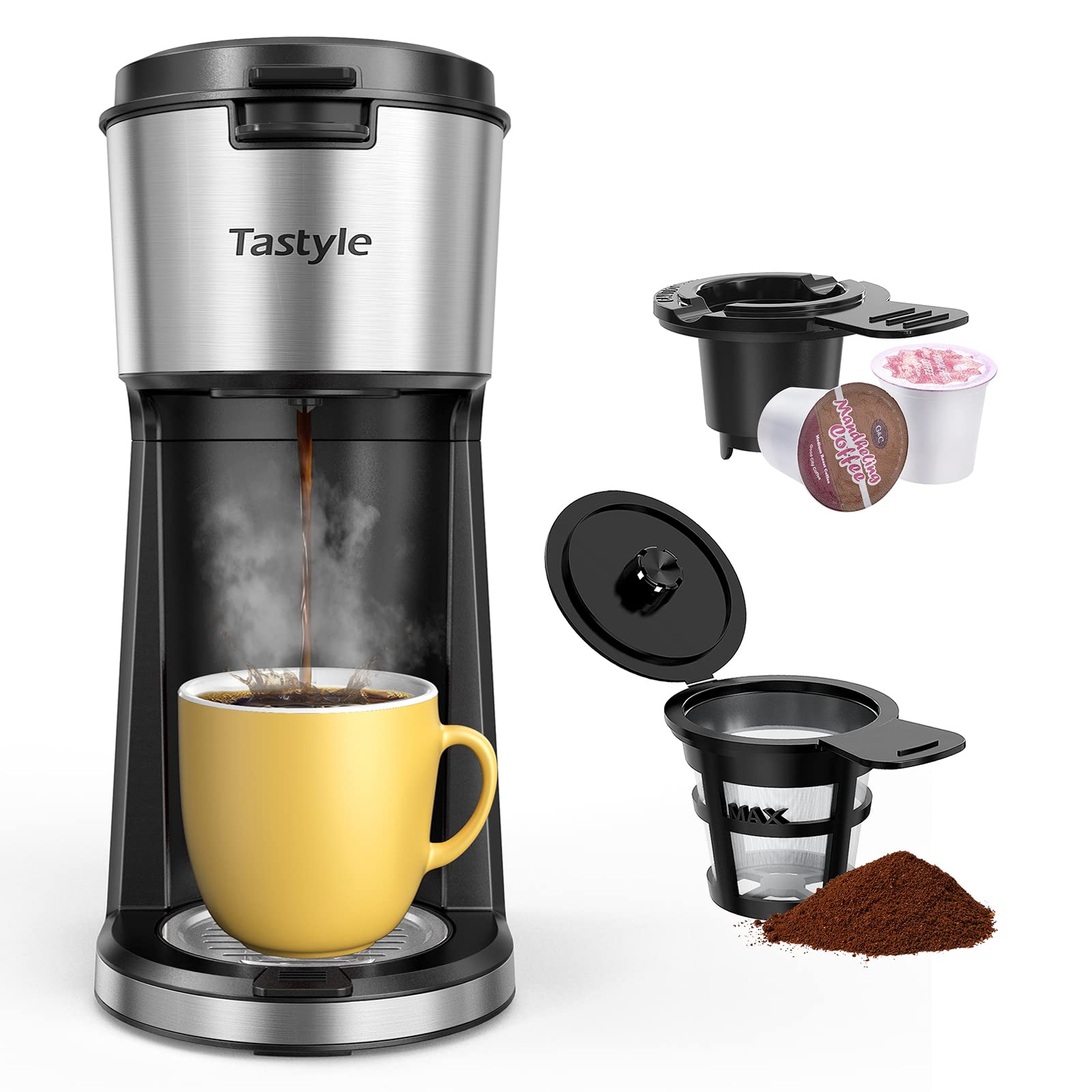 **Single Serve Coffee Maker - Reusable Ground Basket & Pod Holder, Easy to Use & Clean, 6-14 Oz Brew Size, Bold Brew & Descaling Reminder, Travel Mug Compatible - Perfect for Home, Office & Travel**