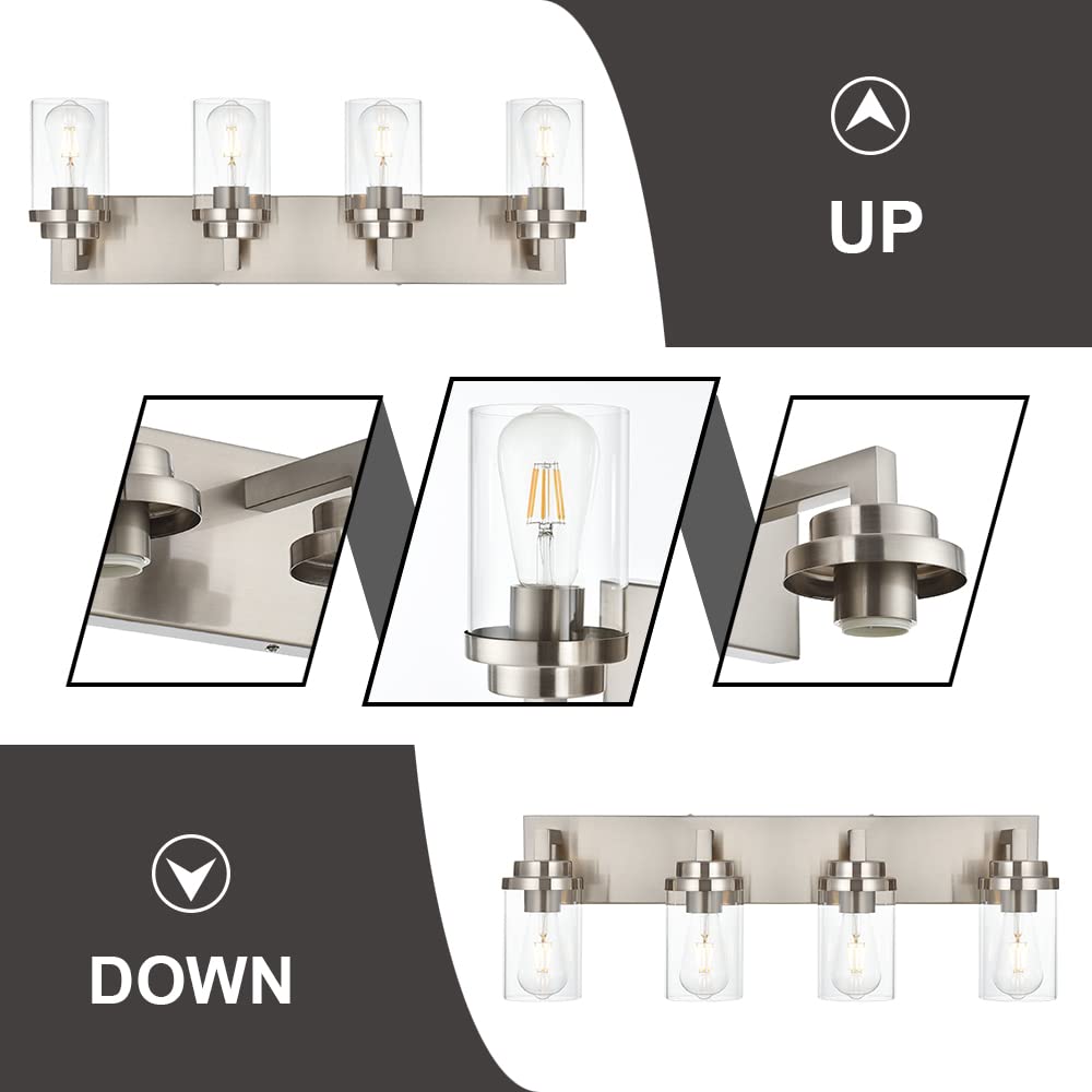 MELUCEE 4-Light Brushed Nickel Vanity Light - Modern Bathroom Mirror Lighting Fixture with Clear Glass Shade - Industrial Wall Sconce for Bathroom, Kitchen & Dresser Mirror (Perfect for Makeup Vanity, Powder Room & Cabinet Lighting)