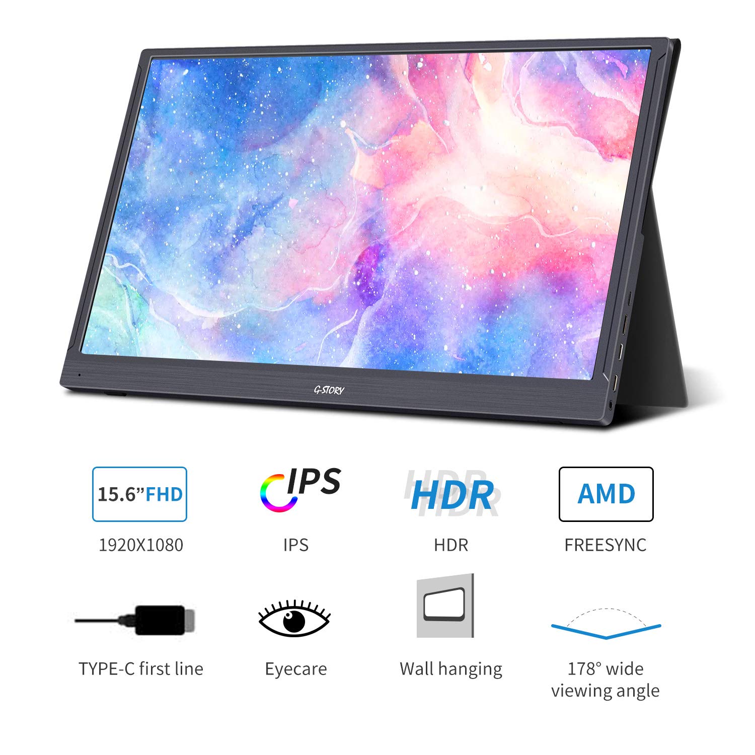 G-STORY 15.6 Inch Portable Monitor - Full HD 1080P IPS Gaming Screen with Mini HDMI & USB-C, FreeSync Compatible for Laptop, Xbox, PS4, PS5, and Smartphones - Perfect for Gaming, Work, and Travel with Included Smart Cover
