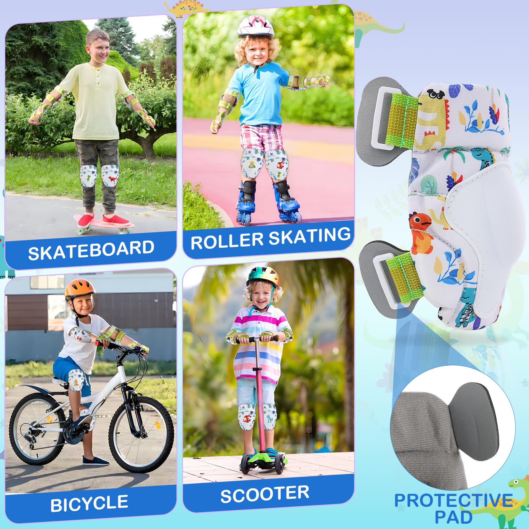 **Boys Knee Pads Set - Adjustable Dinosaur Knee & Elbow Pads with Wrist Guards for Kids - Protective Gear for Roller Skating, Biking, Scooter - Includes Drawstring Bag & Dino Stickers - Perfect for Outdoor Play & Sports Safety**