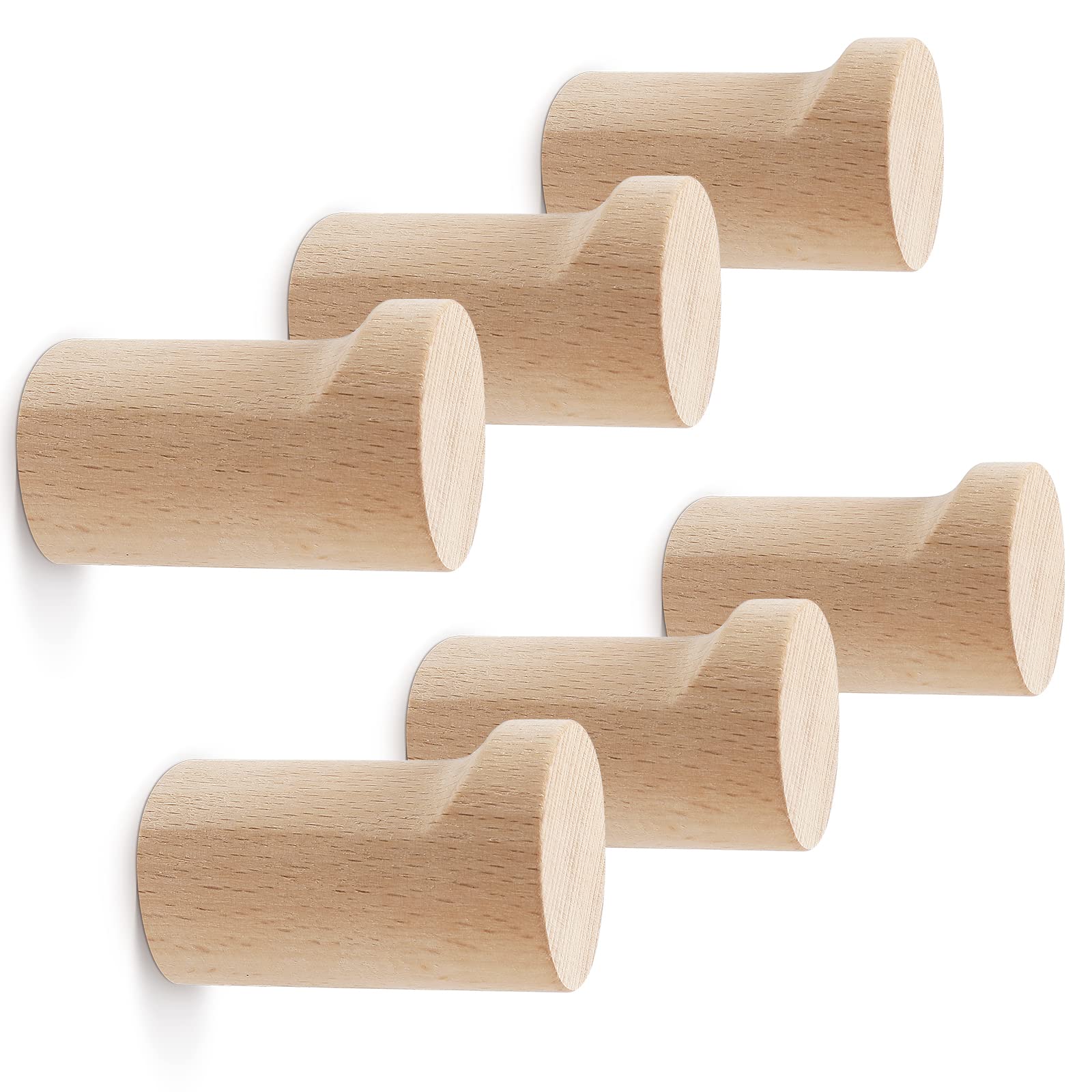 6 Pack Natural Beech Wood Wall Hooks - Handmade Rustic Heavy Duty Coat & Hat Hangers for Entryway, Bathroom, Bedroom - Perfect for Hanging Towels, Clothes, Bags, Robes & Home Decor