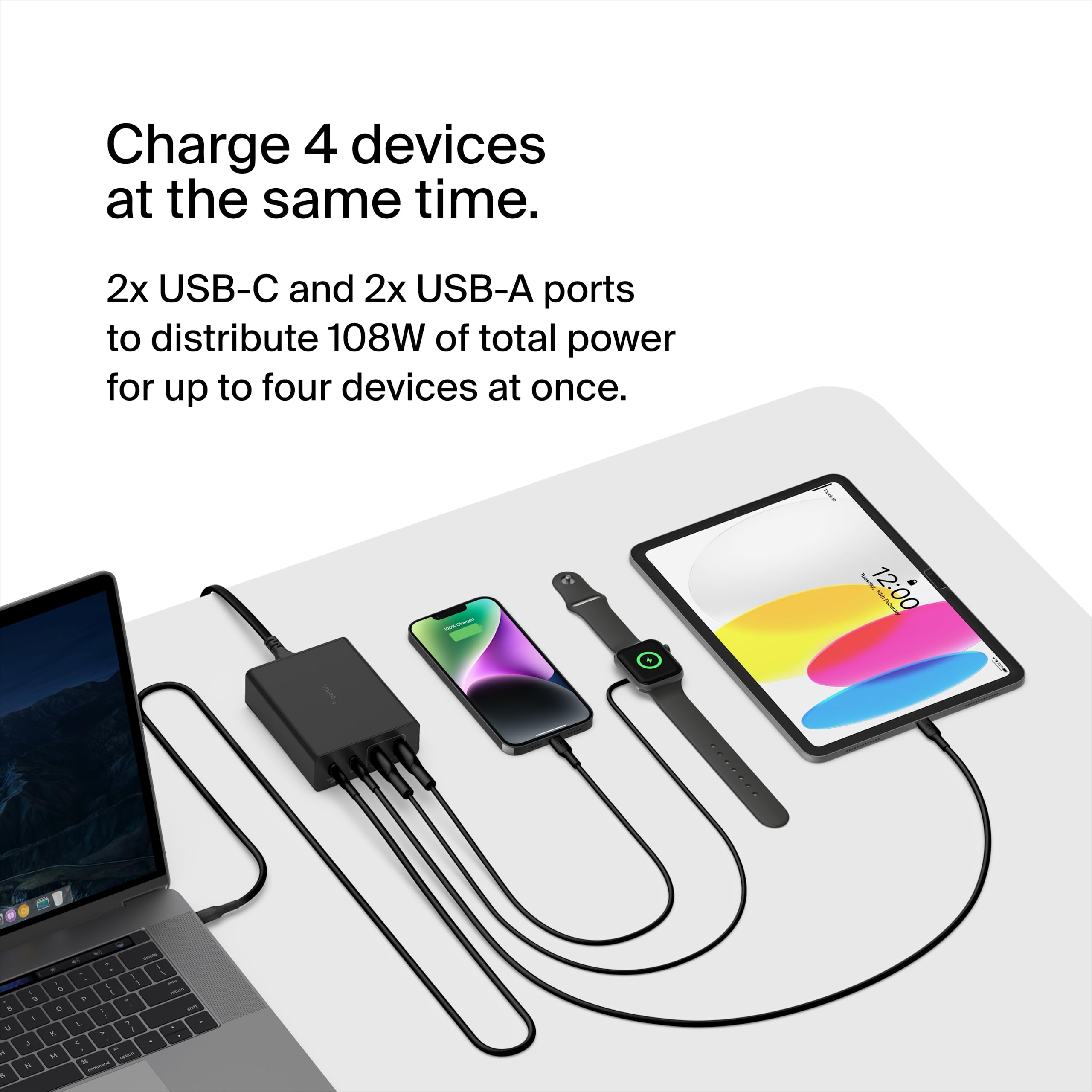 Belkin 108W GaN USB-C Fast Charging Station - 4-Port Desktop Charger Hub for iPhone 15/14/13, MacBook Pro/Air, iPad, Apple Watch - Compact Power Adapter for Home, Office & Travel (Black)