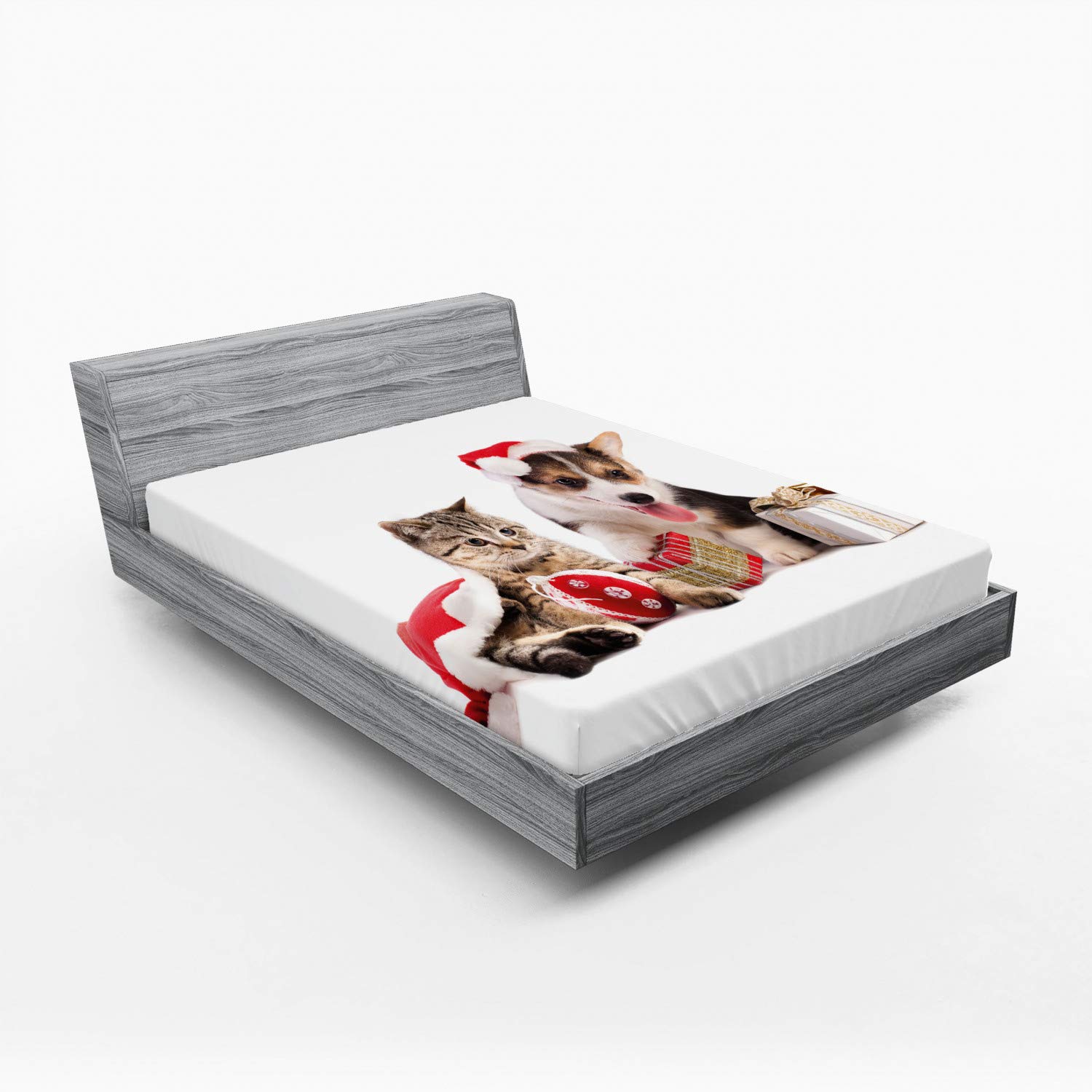 Ambesonne Christmas Fitted Sheets 2-Pack - Dog Cat Holiday Design for Cozy Bedding