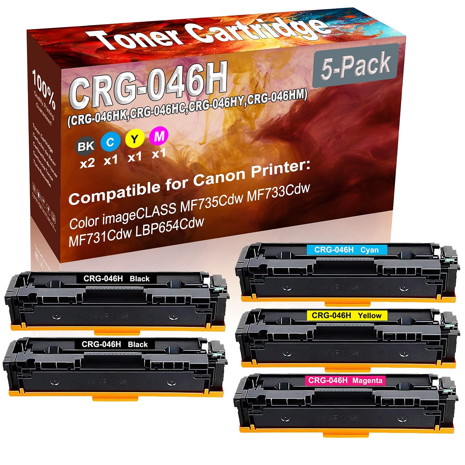 5-Pack Compatible High Yield Toner Cartridge for Canon CRG-046H (Black/Cyan/Yellow/Magenta) - Replacement for Canon imageCLASS MF735Cdw Laser Printer - Perfect for Office Printing & High Volume Documents