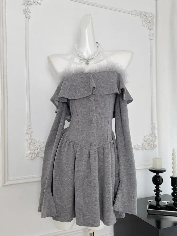 Elegant Autumn Women's Grey Patchwork Lace Ruffled Halter Mini Dress - High Waist Sexy Backless Party Club Dress for Night Out, Date Night, Cocktail Party, and Special Occasions