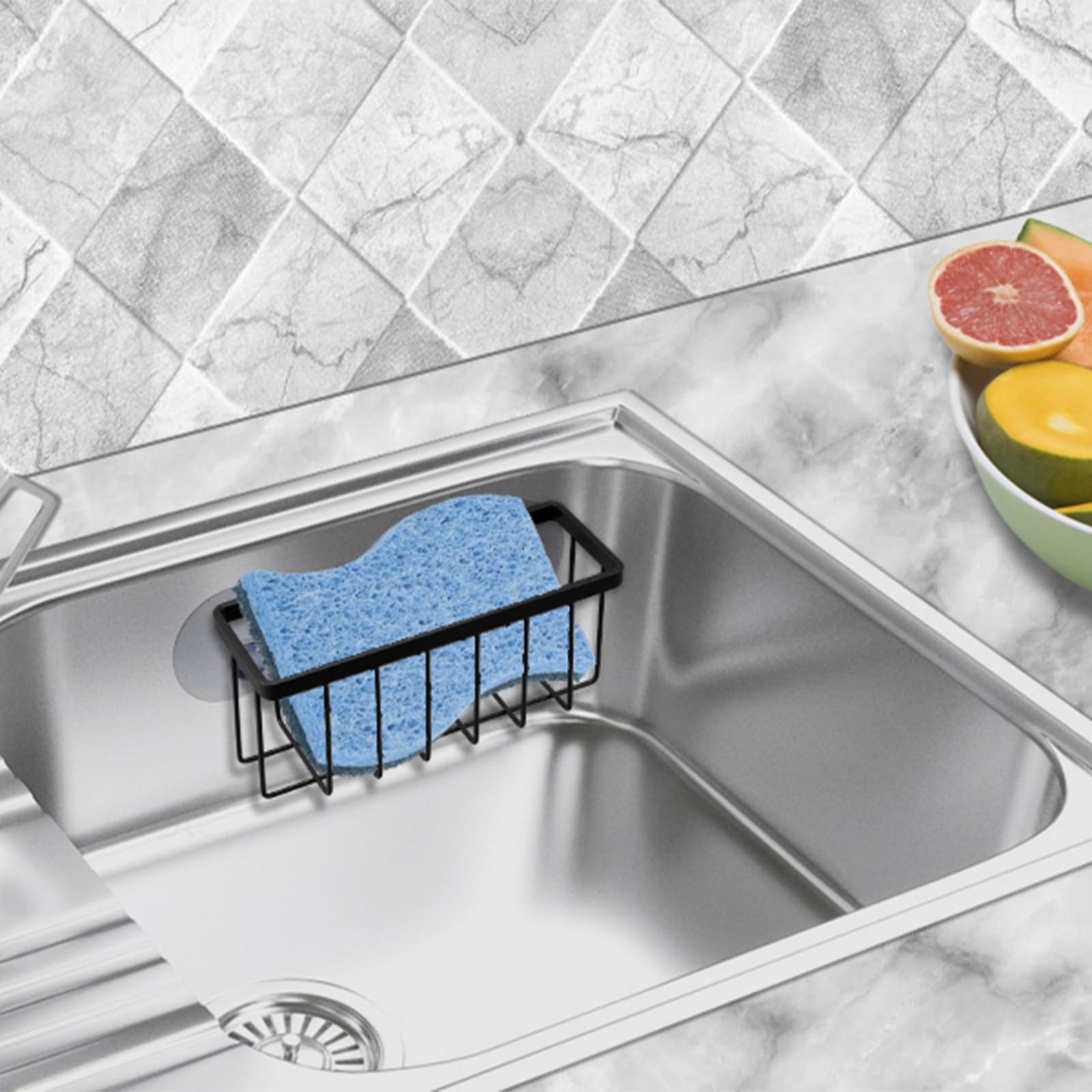 Sturdy Black Suction Sponge Holder for Kitchen & Bathroom Sink - Durable Sink Caddy Organizer for Sponges, Soap & Scrubbers - Perfect for Countertop Cleaning & Dishwashing Organization