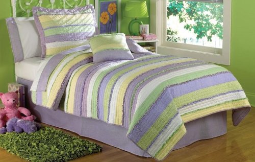 Annas Ruffle Purple Twin Quilt Set with Pillow Sham - Soft Bedding for Girls Room, Guest Bed & Cozy Home Decor