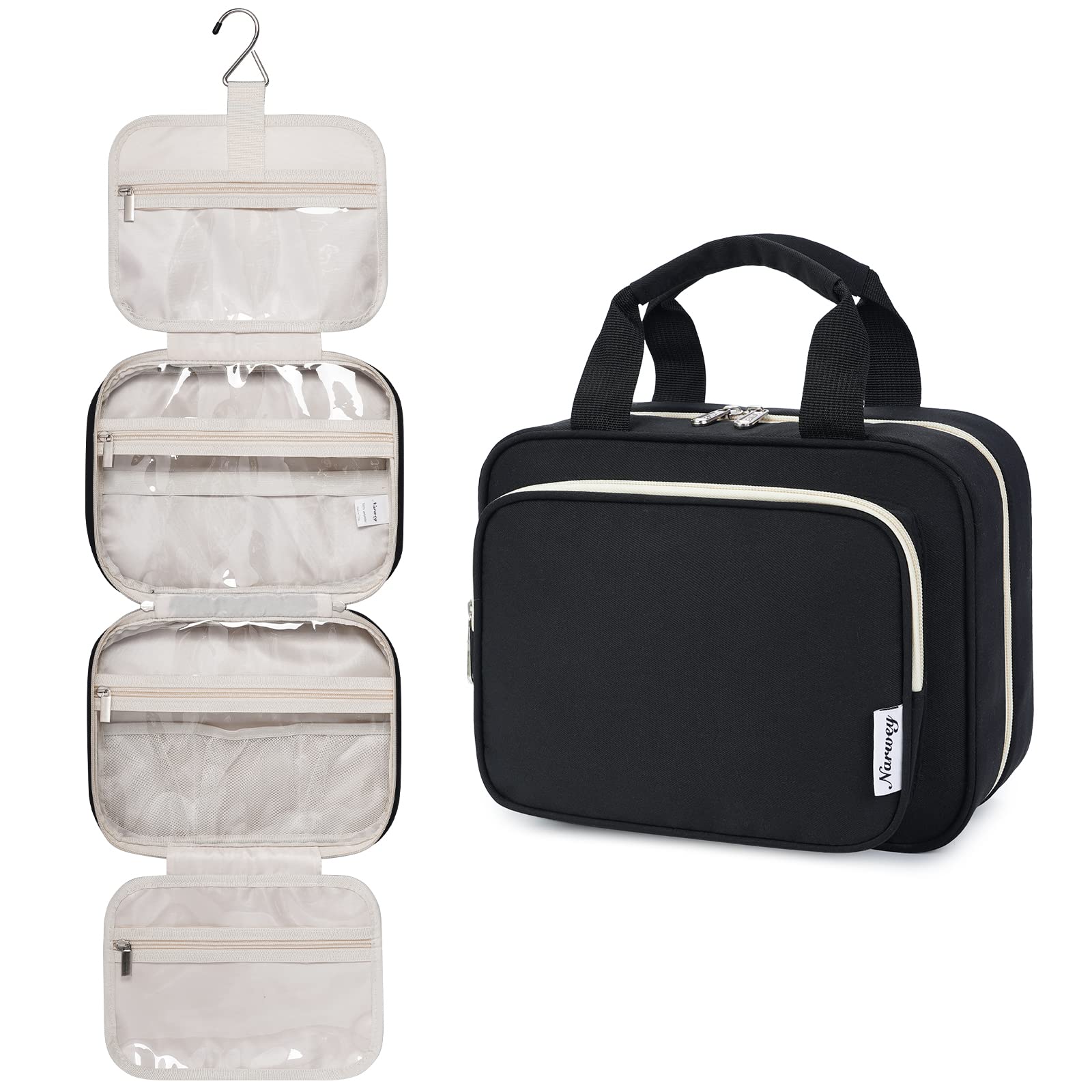 Narwey Hanging Toiletry Bag for Women - Travel Makeup Organizer with Multiple Pockets, Water-Resistant Cosmetic Bag for Toiletries & Essentials (Medium, Black) - Perfect for Airplane Travel, Camping & Gym Use