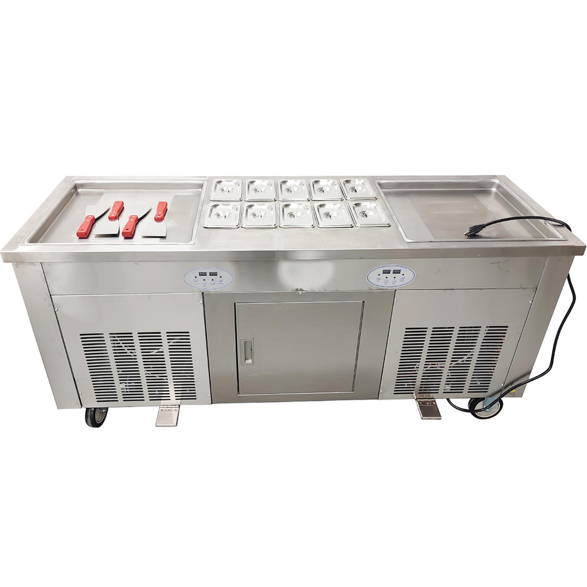 Commercial Electric Stainless Steel Rolled Ice Cream Maker Machine - Double Pot & Compressor for Fried Ice Cream & Yogurt - 10 Buckets with Lids (110V) - Perfect for Restaurants, Cafes & Dessert Shops