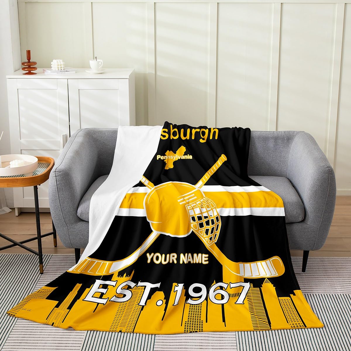 Custom 30x40 Inch Ice Hockey Fleece Throw Blanket for Boys & Men - Pittsburgh Penguins Black & Gold Design - Soft Flannel Winter Sports Bed Blanket for Kids & Hockey Fans - Perfect for Game Nights, Bedroom Decor & Cozy Winter Gifts