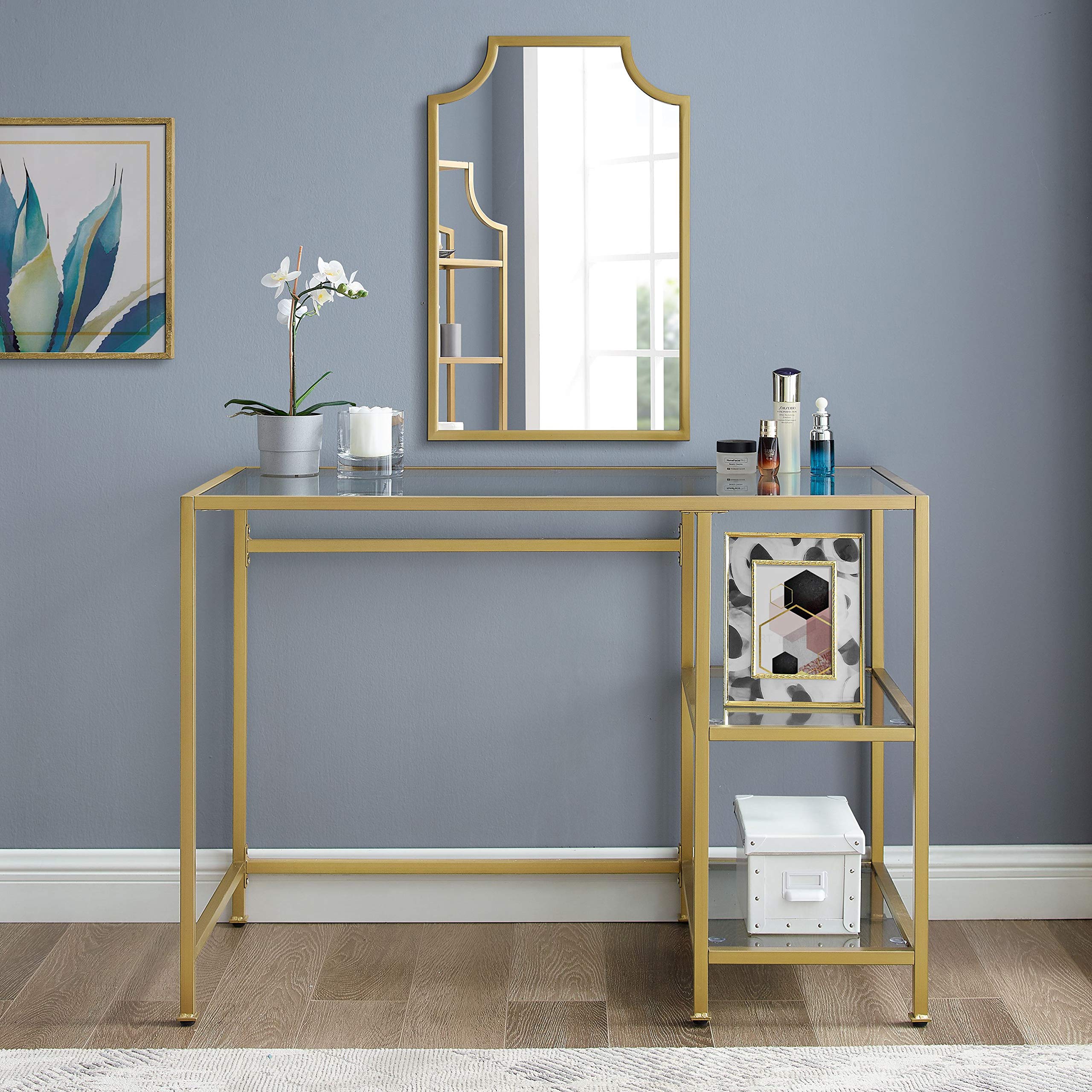 Crosley Furniture Aimee Small Home Office Vanity Desk with Storage Shelves - Compact Writing Desk for Small Spaces, Makeup Vanity with Gold Finish, Perfect for Bedroom, Apartment & Dorm Room