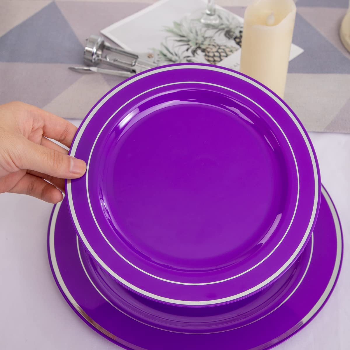 WELLIFE 200-Piece Purple & Silver Plastic Dinnerware Set - 40 Dinner Plates, 40 Dessert Plates, 40 Forks, 40 Knives, 40 Spoons - Elegant Disposable Tableware for Wedding, Party, Birthday, Bridal Shower & Special Events