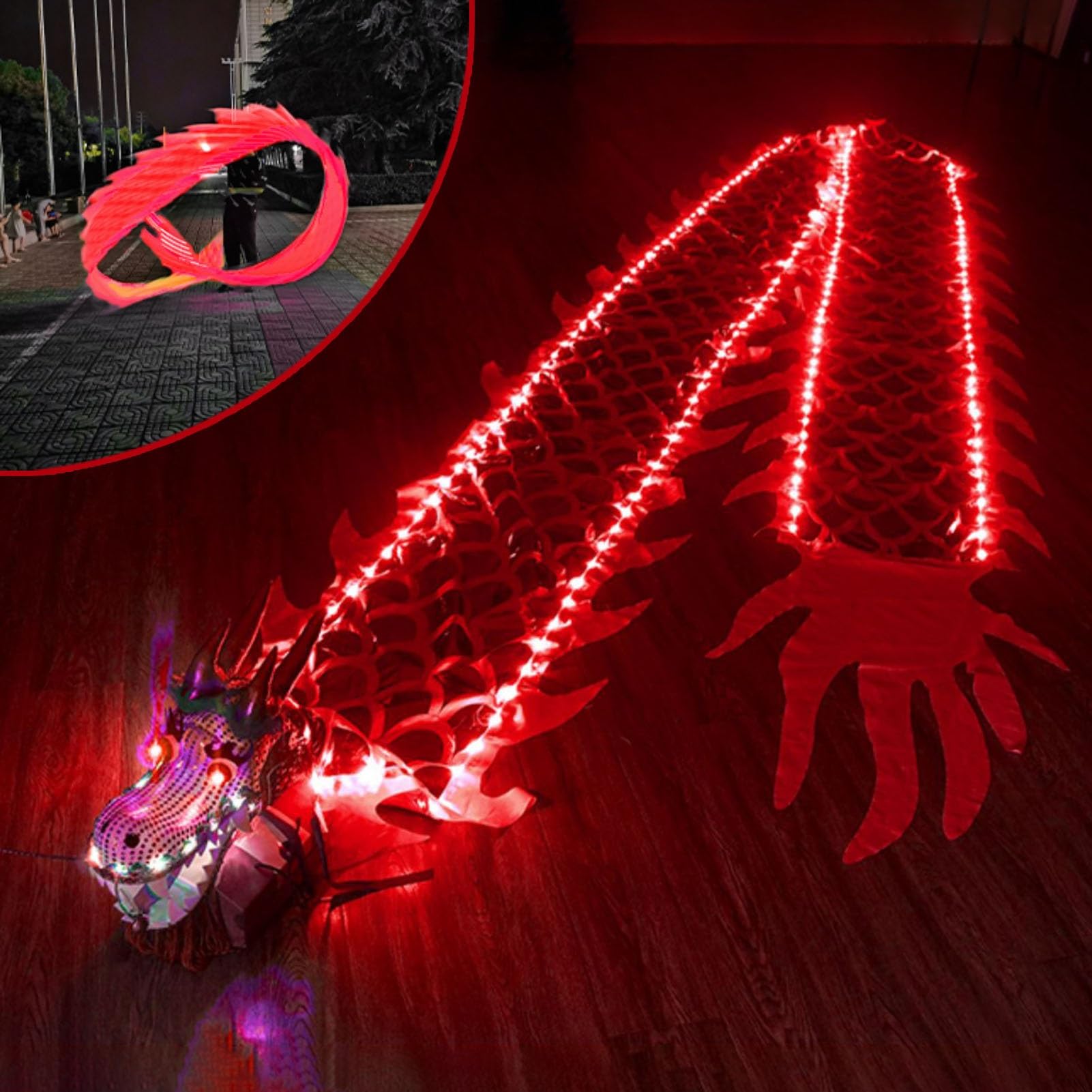 LED Dragon Poi - Illuminated Dragon Dance Ribbon Streamer with Light, 20ft Wu Long Dragon Flinging Ribbons for Outdoor Sports & Fitness Performance - Perfect for Fire Dancing, Flow Arts, Festivals & Night Performances (Red)