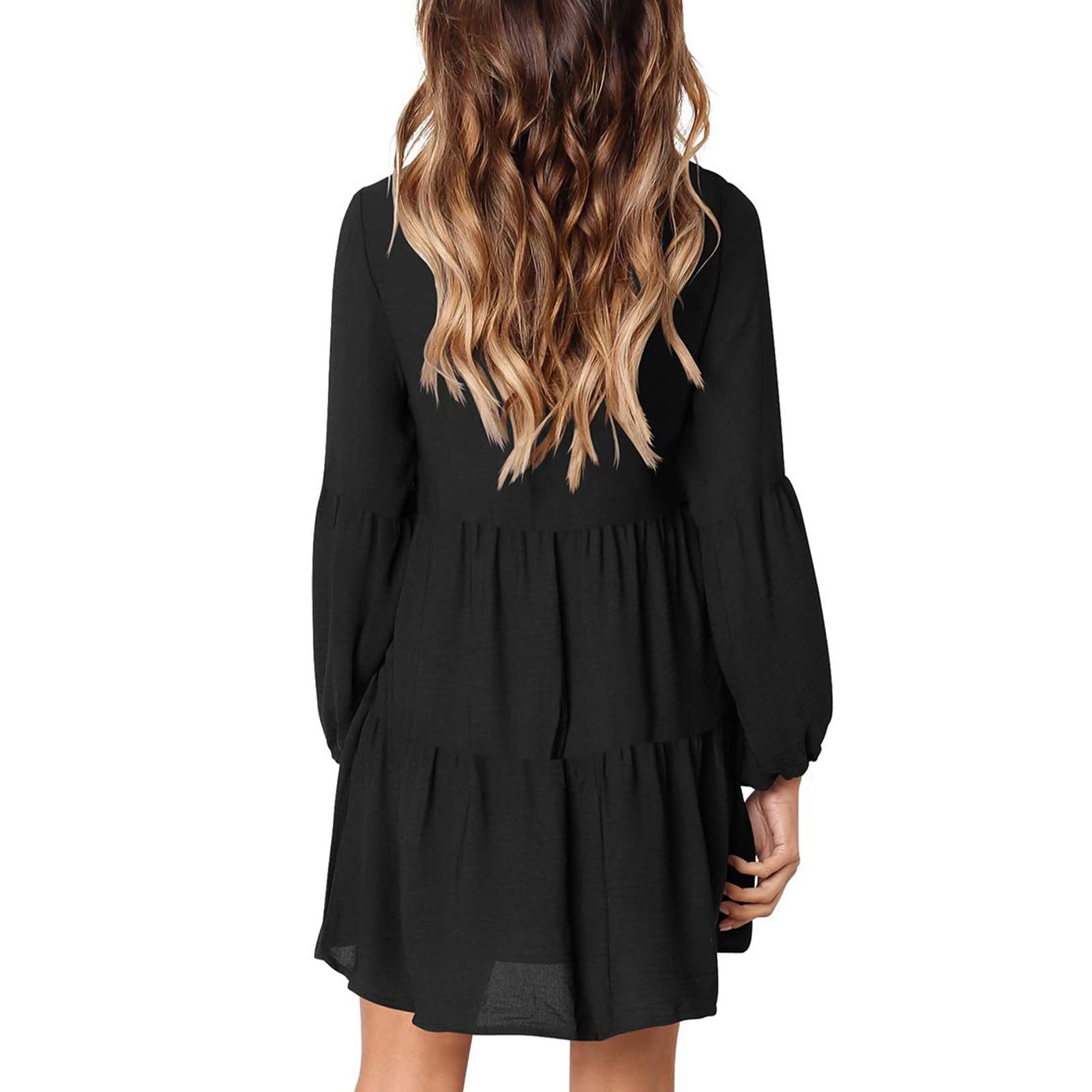**Estink Women's Long Sleeve V-Neck Mini Dress - Flowy Casual Loose Fit Short Dress (Large, Black) - Perfect for Parties, Dates & Everyday Wear**