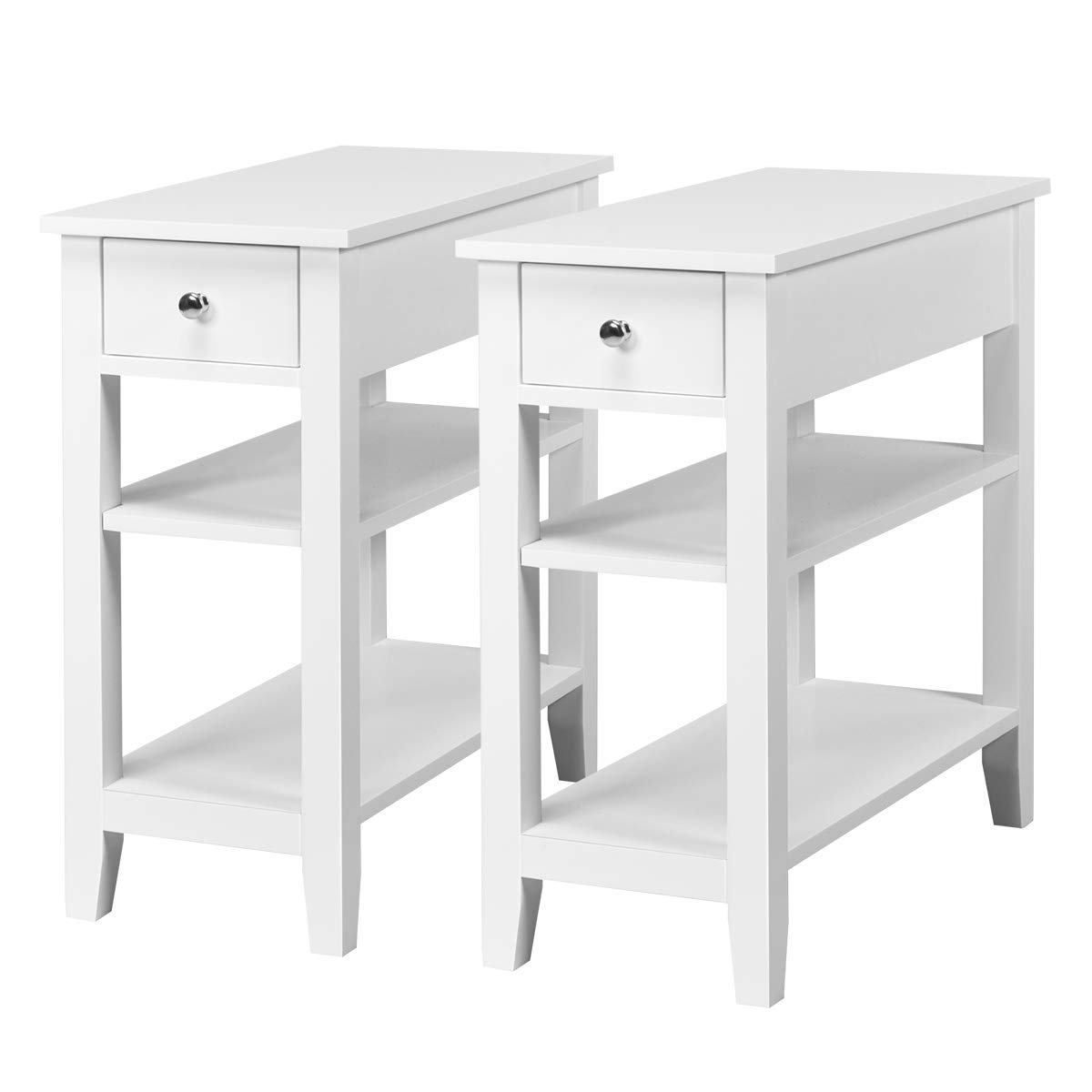 Giantex Narrow End Table Set of 2, Small Side Table with Drawer and Shelf, Wood Accent Sofa Table, Skinny Nightstand for Small Space - Perfect for Living Room, Bedroom, Dorm & Apartment (White)