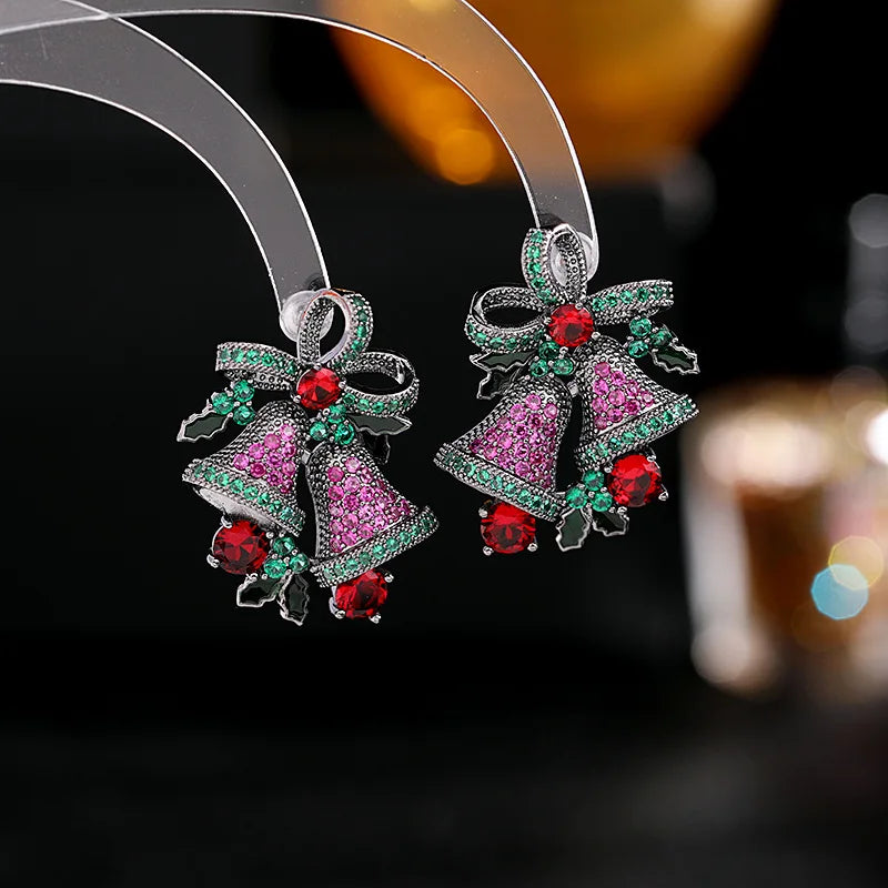Shiny Crystal Cubic Zirconia Bow Christmas Bell Earrings for Women - Elegant Holiday Jewelry Accessories - Perfect Christmas Gift for Her - Great for Parties, Weddings & Festive Occasions