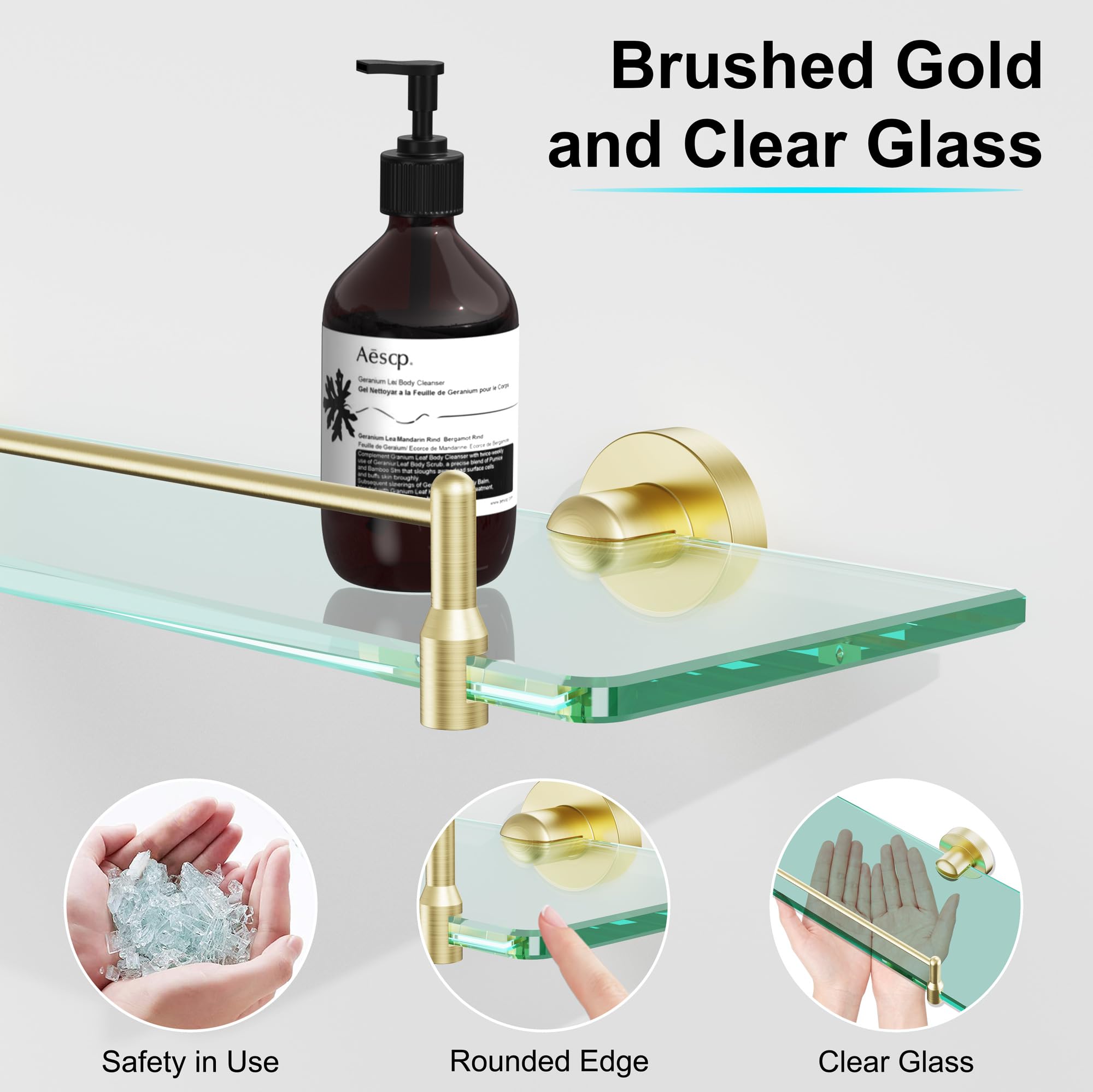 20-Inch Gold Tempered Glass Floating Shelf for Bathroom - Modern Stainless Steel Wall Mounted Storage Shelf | Perfect for Shower Organizer, Bathroom Decor & Small Space Storage Solution