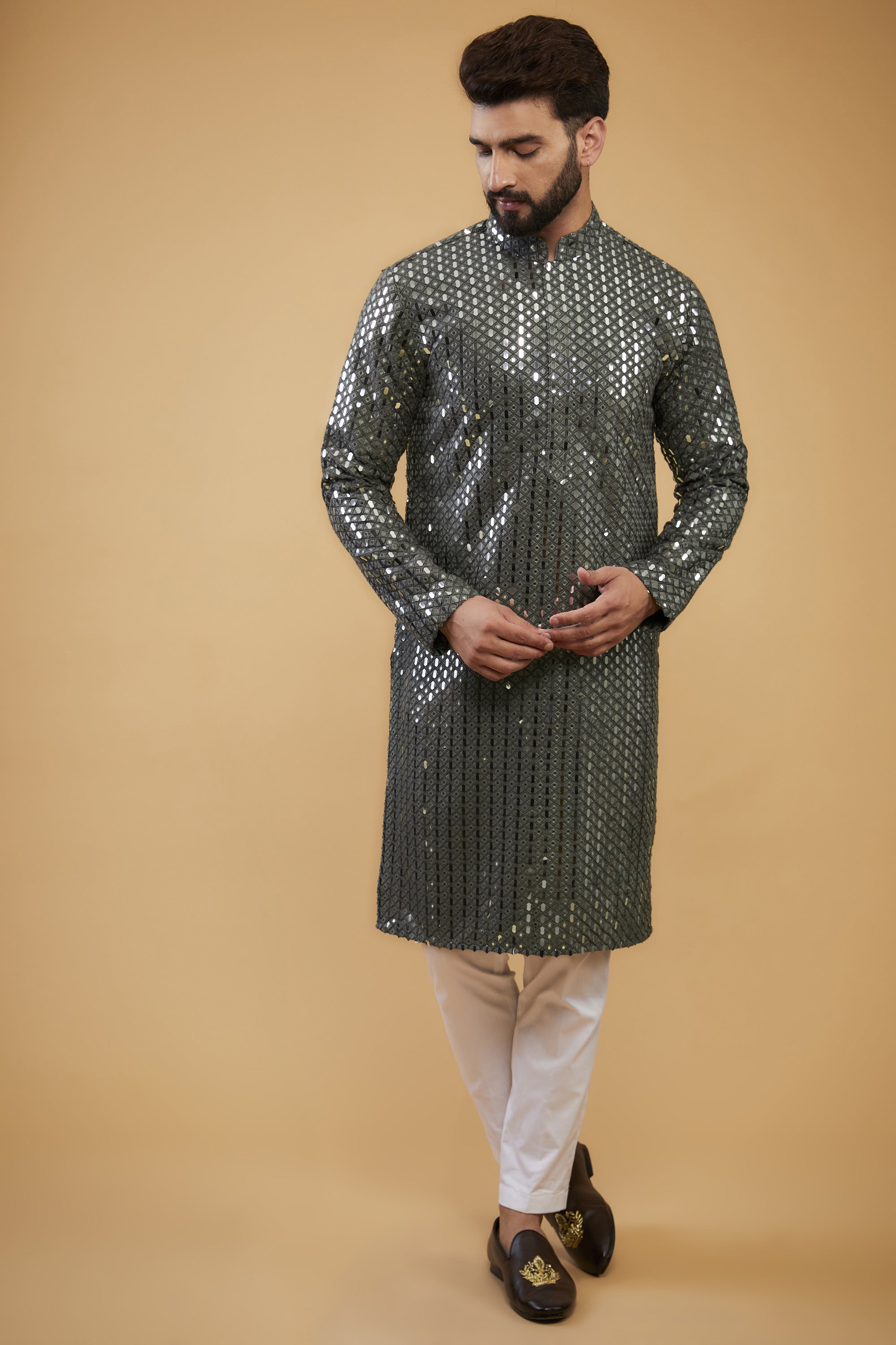 Military Green Heavy Mirror Work Kurta for Men - Embroidered Ethnic Tunic - Traditional Indian Wear for Festivals & Weddings