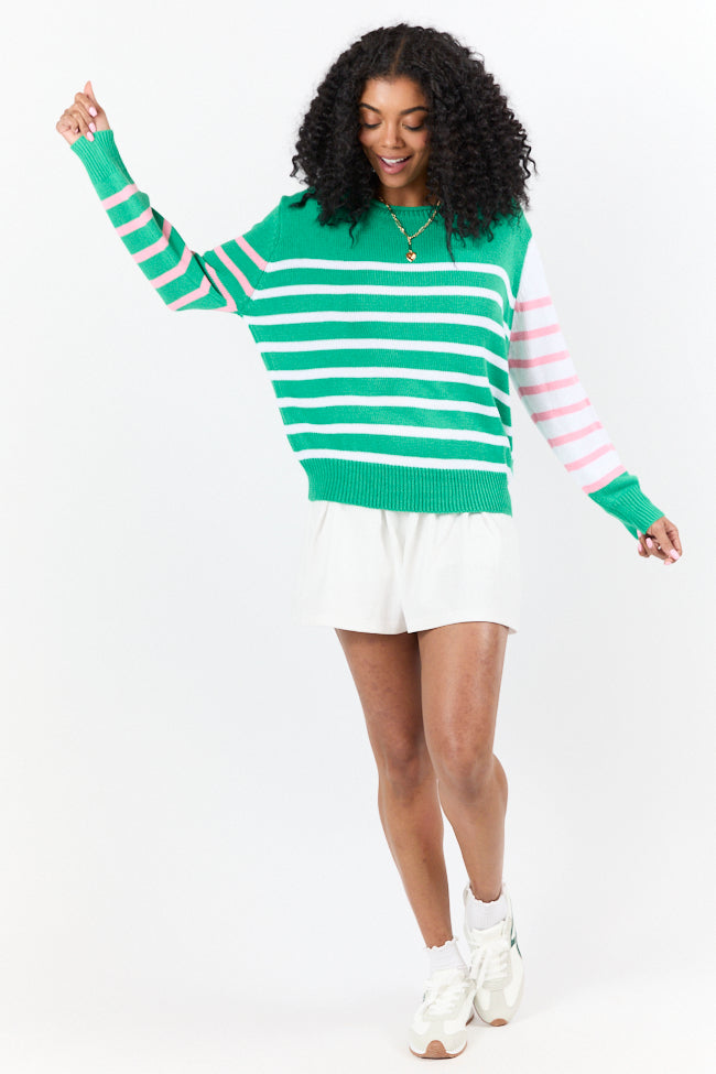 Stylish Coastal Prep Green & Pink Color Block Crew Neck Sweater | Preppy Casual Pullover for Women | Perfect for Fall Layering & Weekend Outfits