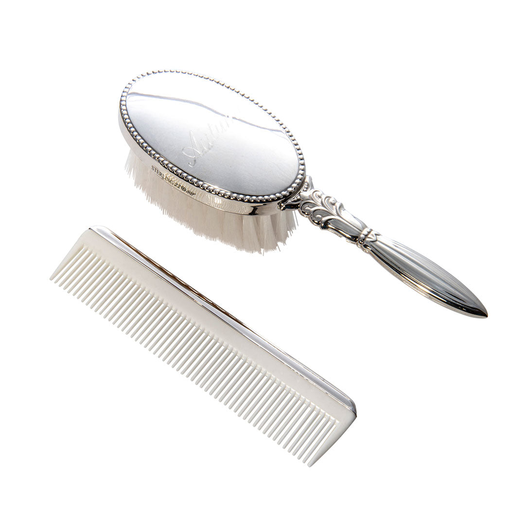 Sterling Silver Oval Hair Brush and Comb Set for Girls - Perfect for Daily Grooming, Travel & Gift Giving