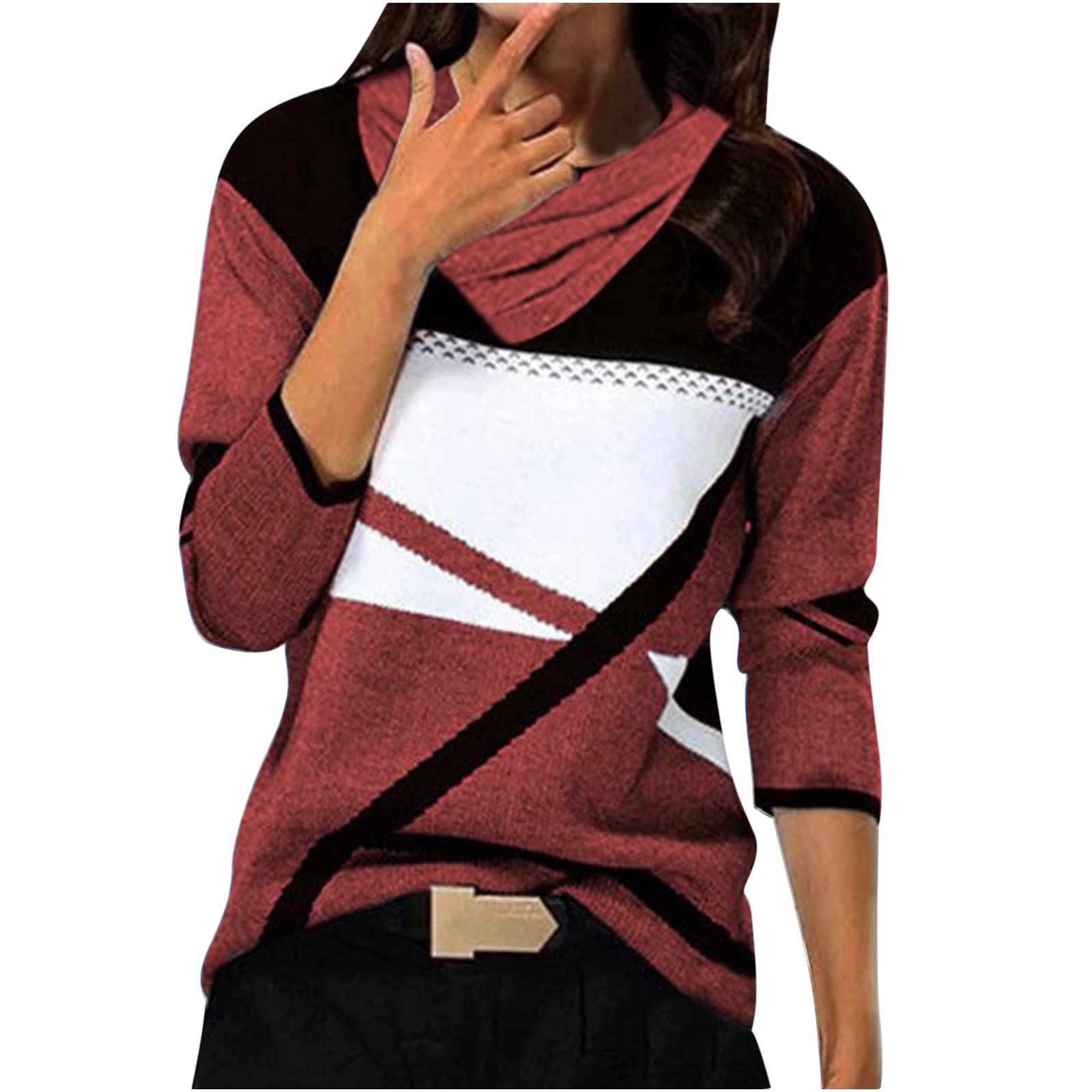 Trendy Women's Long Sleeve Pleated V-Neck T-Shirt with Geometric Patchwork Design - Fashion Blouse for Casual Wear, Office Outfits & Date Nights