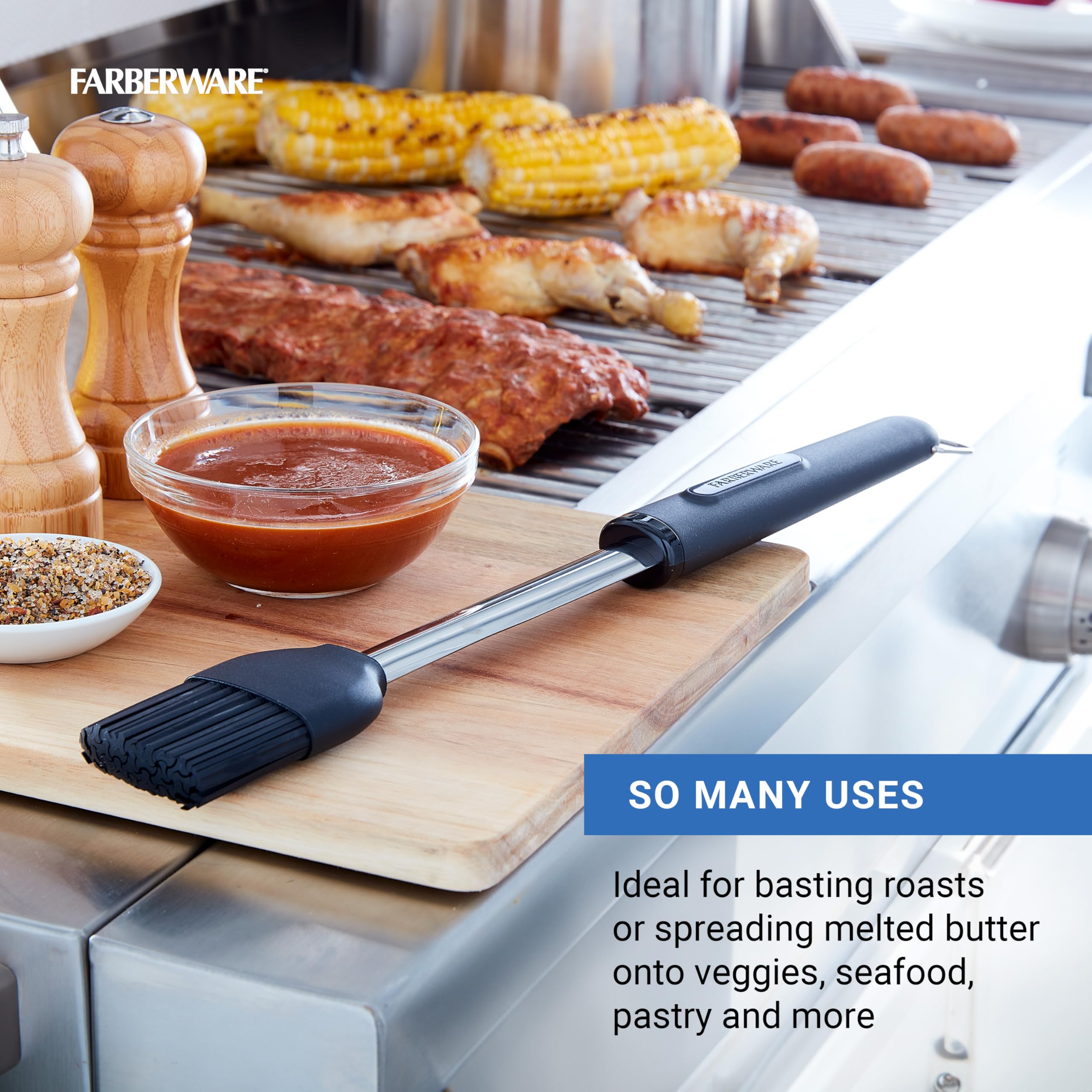 Farberware BBQ Basting Brush with Flexible Silicone Handle - Perfect for Grilling, Roasting, Basting Meats, Vegetables & Seafood - Dishwasher Safe & Includes Storage Ring - Ideal for Backyard BBQs, Camping & Outdoor Cooking
