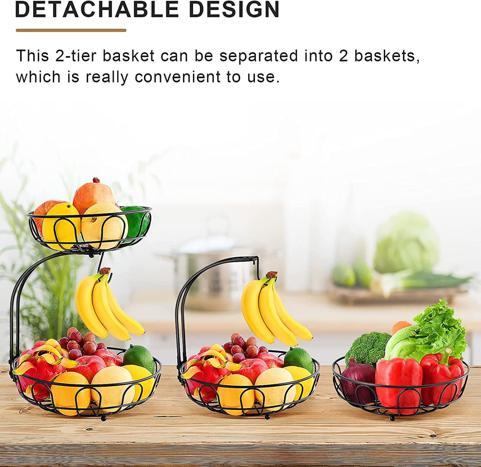 2 Tier Wrought Iron Fruit Basket - Kitchen Countertop Storage Organizer with Removable Wire Bowls & Banana Hanger - Perfect for Storing Fruits, Vegetables in Dining Room, Pantry or Breakfast Nook
