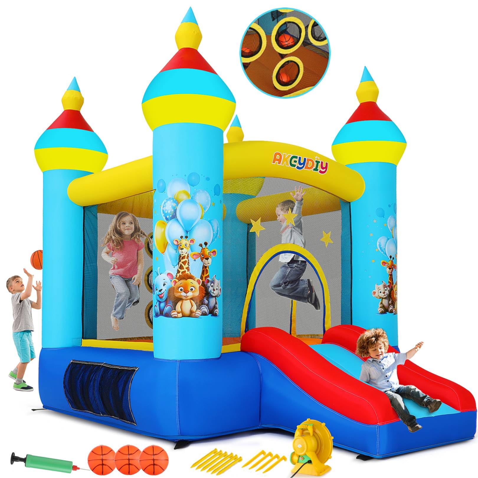 AKEYDIY Inflatable Bounce House for Kids Ages 3-8 - Tropical Jungle Themed Outdoor/Indoor Bouncy Castle with Slide, Jumping Area & Ball Toss Game - Includes Blower - Perfect for Birthday Parties, Backyard Play & Family Gatherings