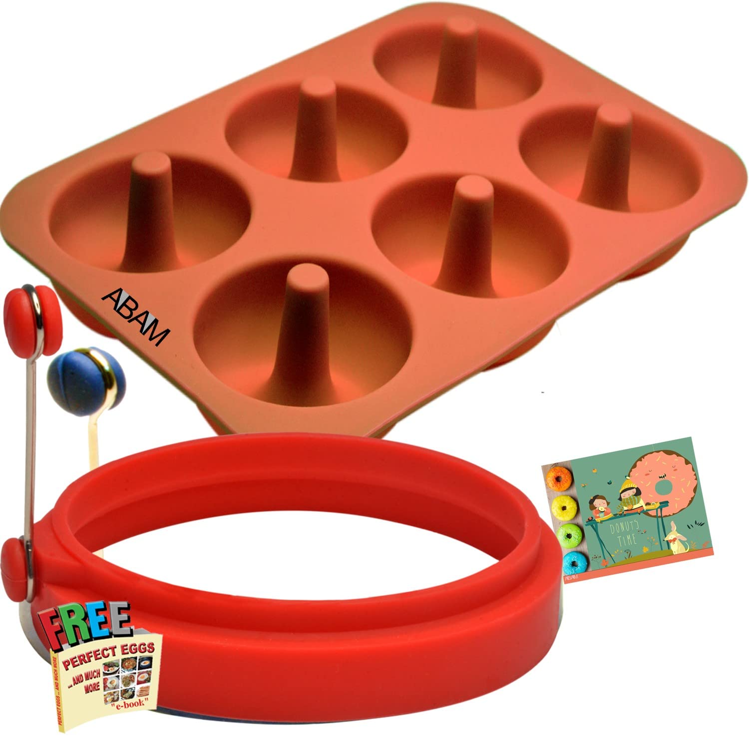 Non-Stick Silicone Egg Rings & Donut Molds Set - 4 Egg Rings for Perfect Omelets + 3 Donut Pans with 6 Slots - Microwave, Freezer & Dishwasher Safe - Ideal for Breakfast Baking, Meal Prep & Party Desserts