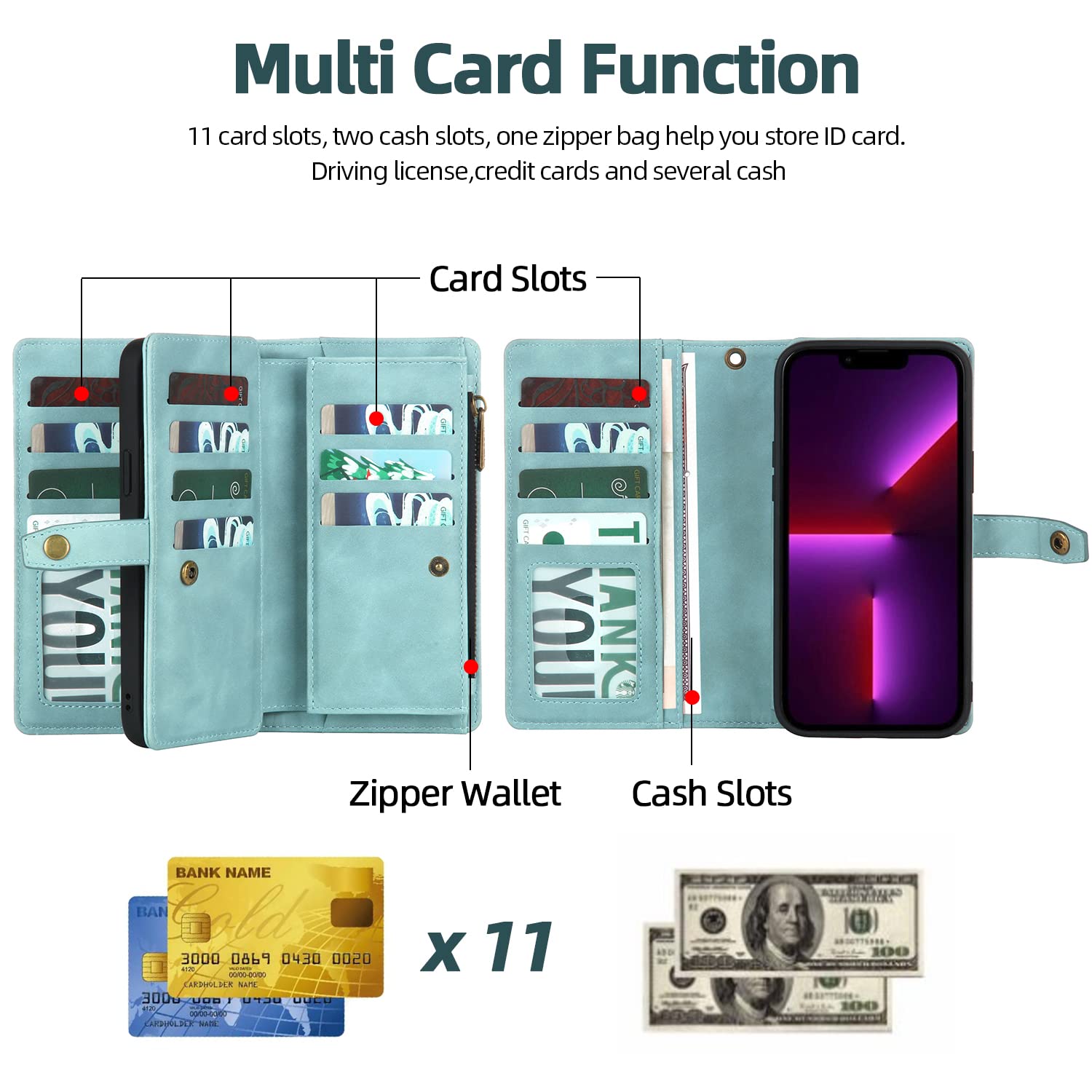 Magnetic Wallet Case for iPhone 11 with Card Holder & Detachable Cover - PU Leather Phone Case with Wrist Strap for Women & Men (Blue) - Perfect for Travel, Shopping & Everyday Use