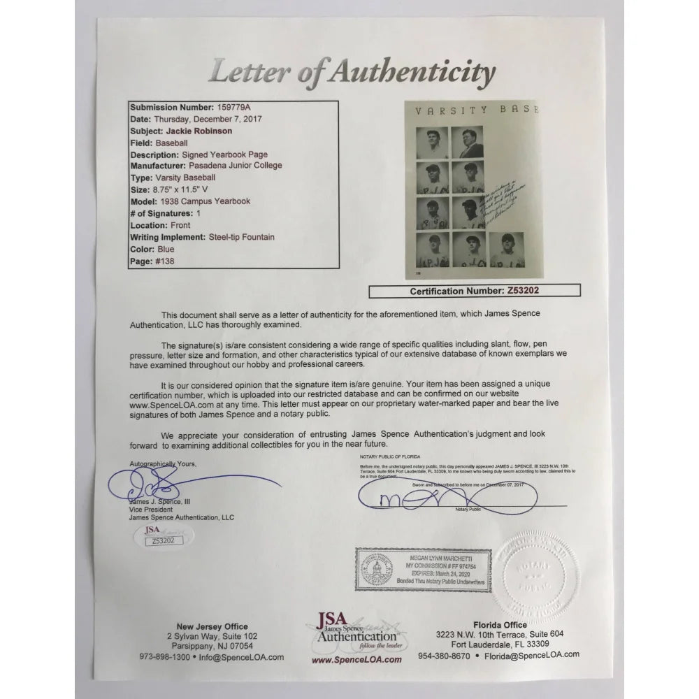 Authentic Jackie Robinson Signed 1938 Pasadena JC Yearbook with JSA COA - Rare Pre-Dodgers Baseball Memorabilia for Collectors & Sports Fans - Perfect for Display in Home, Office or Sports Memorabilia Collections