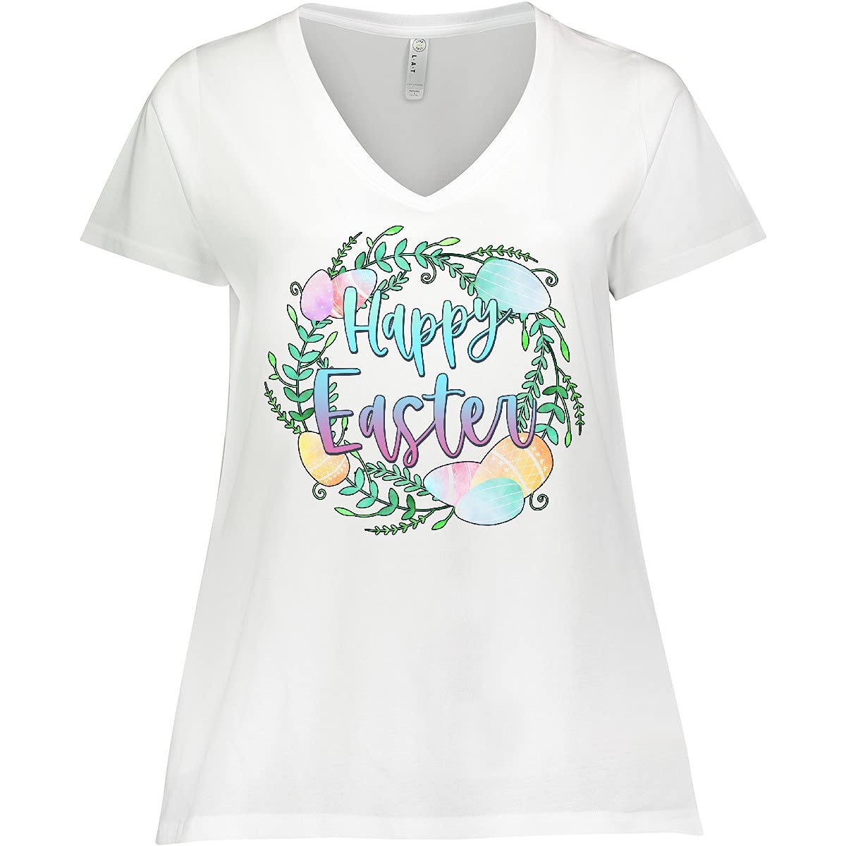 Inktastic Happy Easter Pastel Egg Wreath with Laurels Women's Plus Size V-Neck T-Shirt - Cute Spring Holiday Tee for Easter Celebrations, Church Events & Family Gatherings