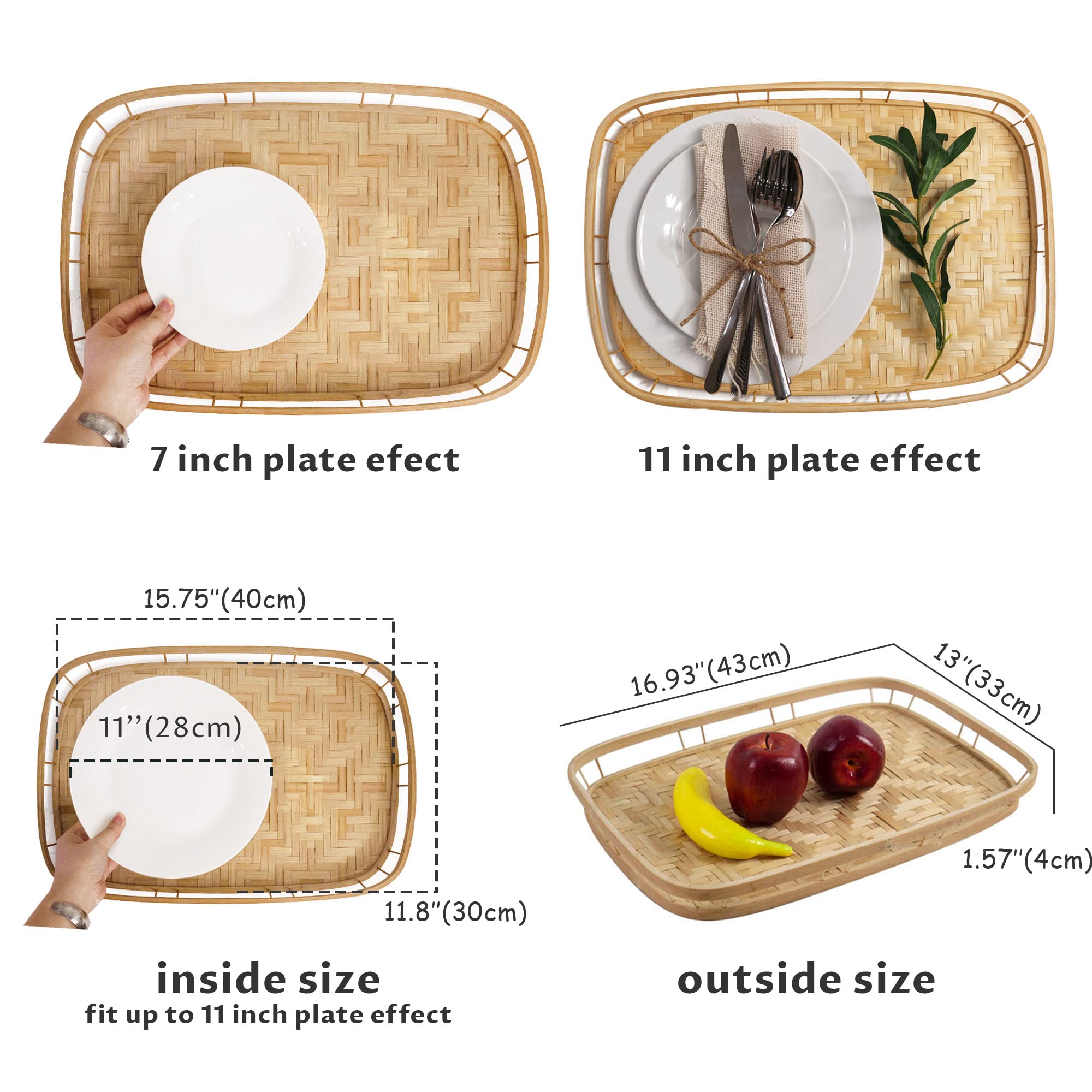 Premium Set of 4 Bamboo Wicker Serving Trays - Natural Rectangular Breakfast Trays with Handles for Food & Drinks | Wooden Decorative Platters for Coffee Table, Bed Eating | Perfect for Brunch, Picnics, and Home Decor