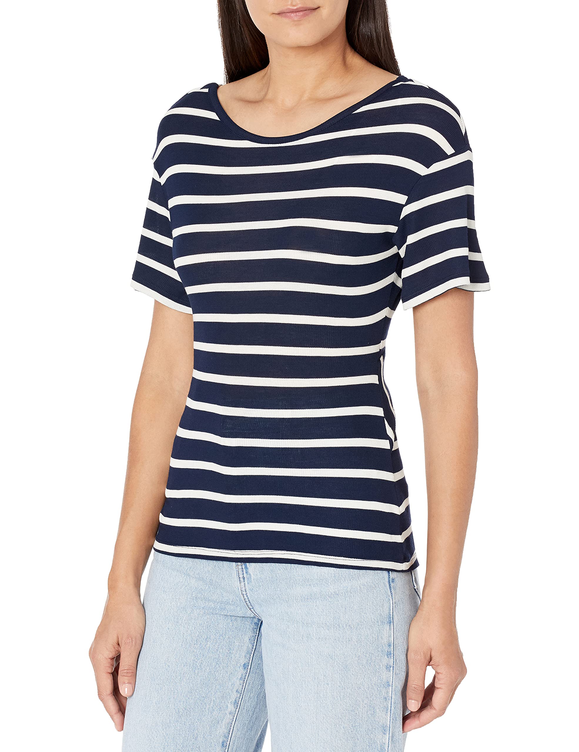 Ella Moss Women's Nancy Twist Back Short Sleeve T-Shirt - Mood Indigo Stripe, Small | Casual Summer Top for Beach, Vacation & Everyday Wear