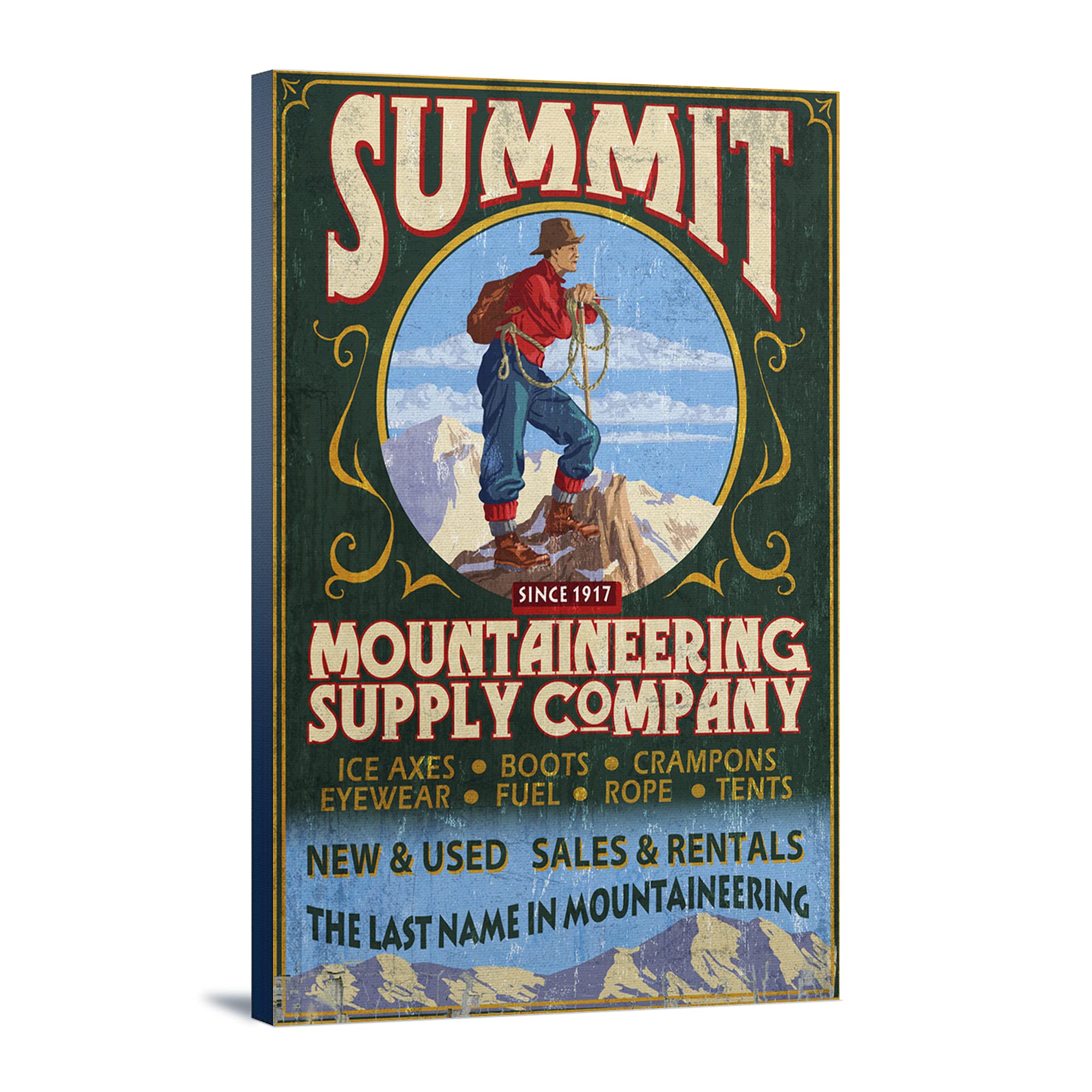Vintage Mountaineering Sign - 24x36 Gallery Wrapped Stretched Canvas Wall Art for Outdoor Adventure Decor, Cabin, Lodge & Man Cave