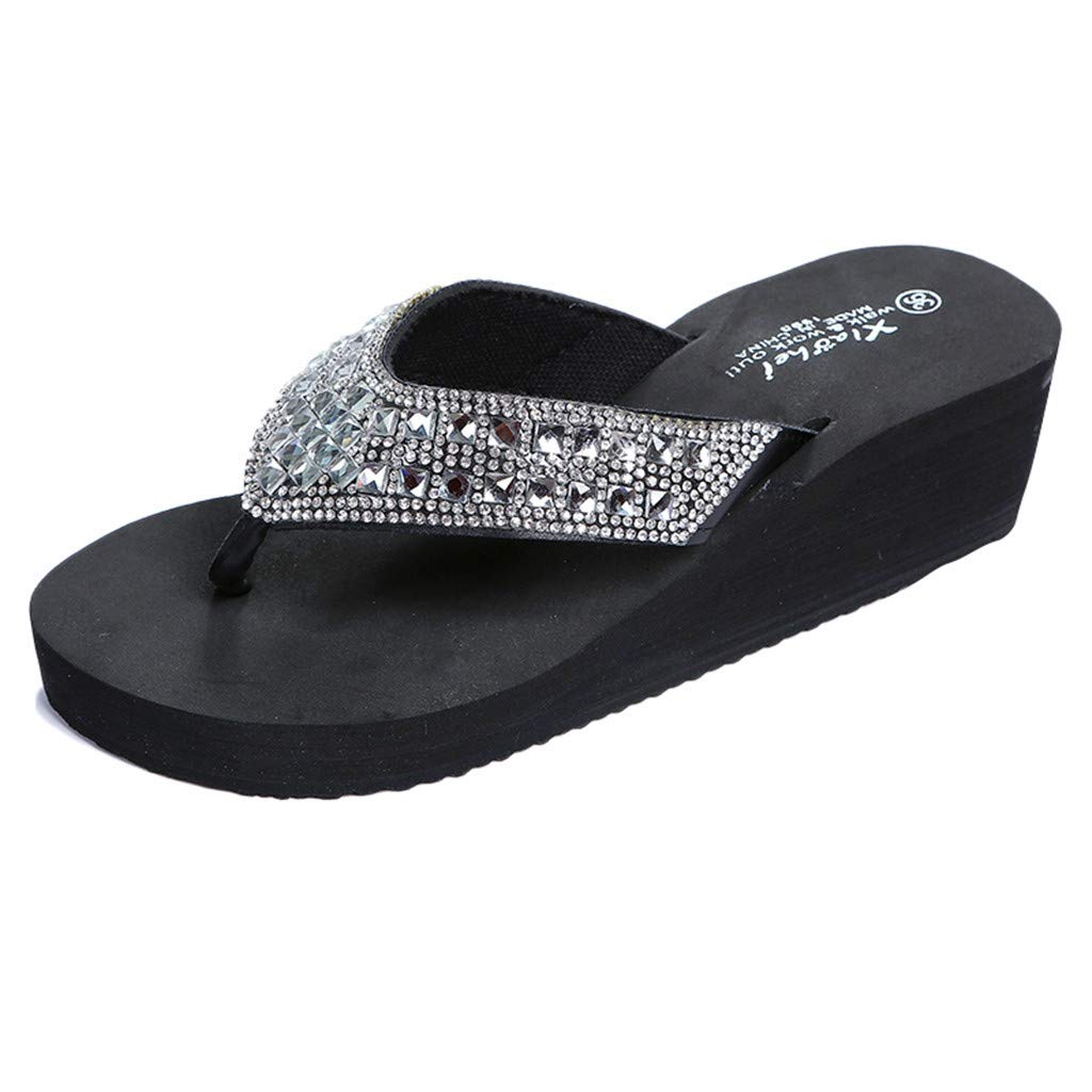 **Women's Casual Rhinestone Flip Flops - Comfortable Summer Beach Sandals with Wedge Heel for Women & Kids | Orthotic Support, Furry Straps | Perfect for Pool, Vacation, and Everyday Wear | White, Black, Green Options | Size 5.5 DKS-889**