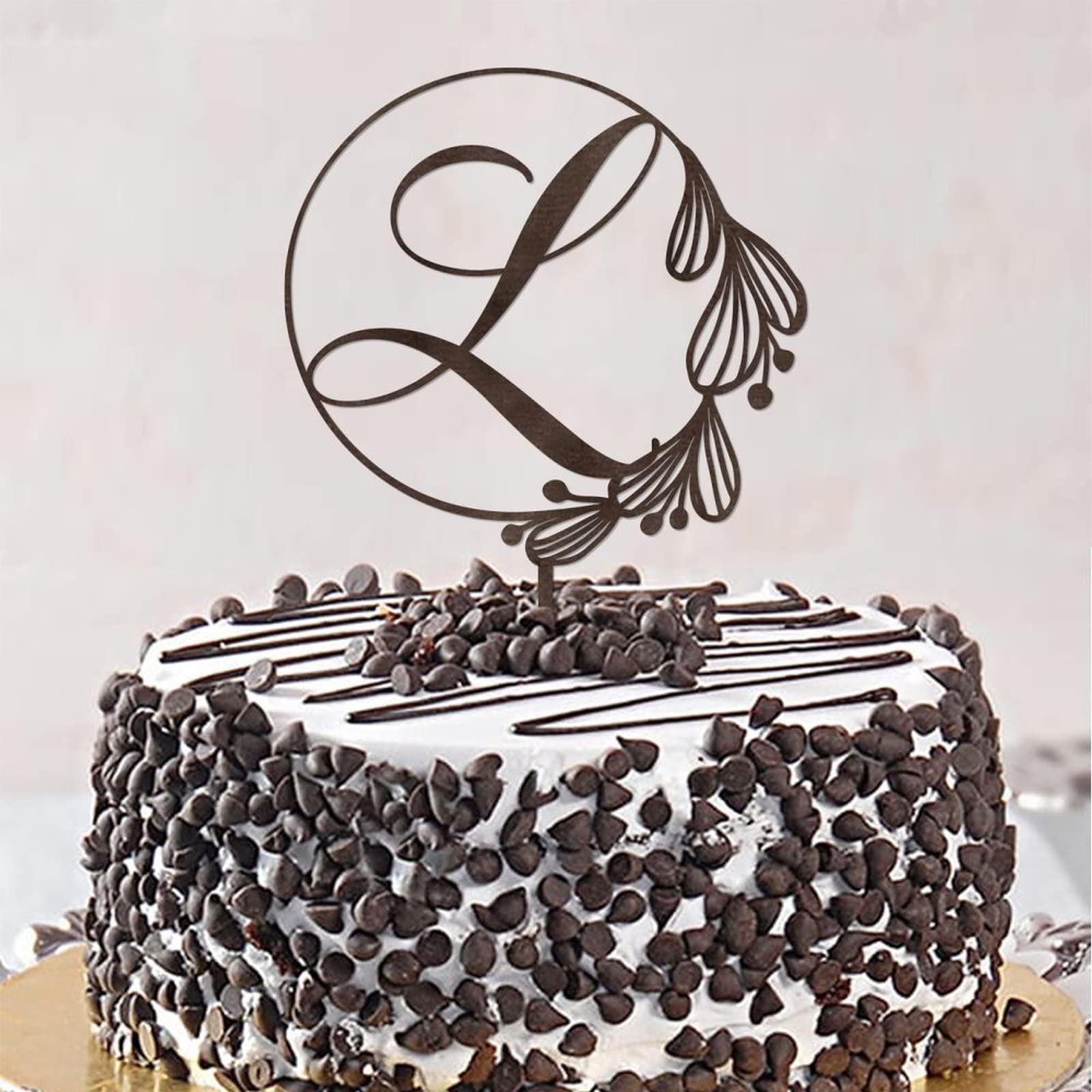 Personalized Initial L Cake Topper - Brown Wooden Wreath Monogram Cake Decor for Rustic Weddings & Birthday Parties (Design 06) | Vinisong Wedding Cake Decoration for Anniversary, Bridal Shower & Special Events